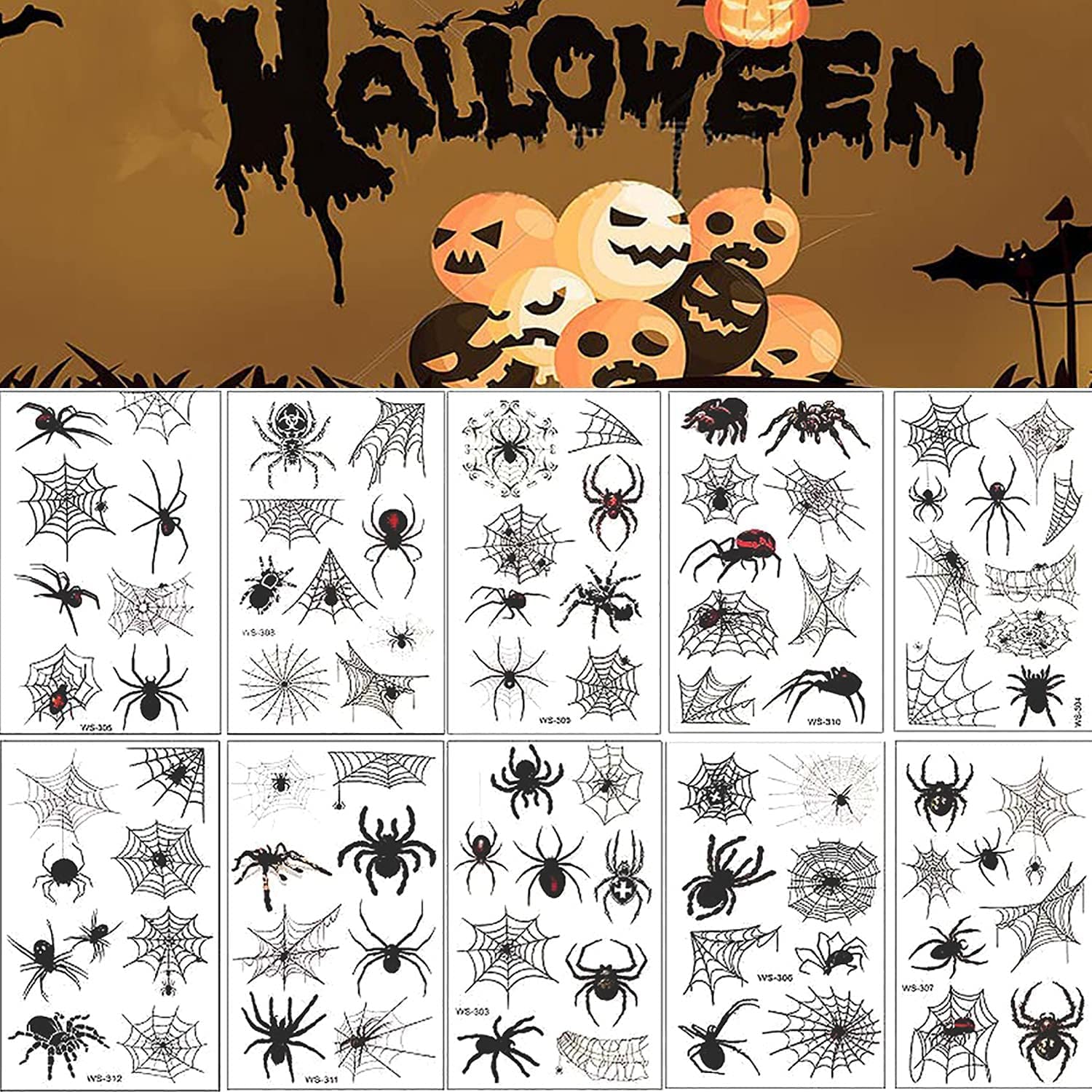 10 Sheets Spider Halloween Temporary Tattoos for Adults - Scary Web Fake Tattoo Stickers for Halloween Party, Costume Makeup & Cosplay (Great for Halloween Festivals, Costume Parties & Themed Events)