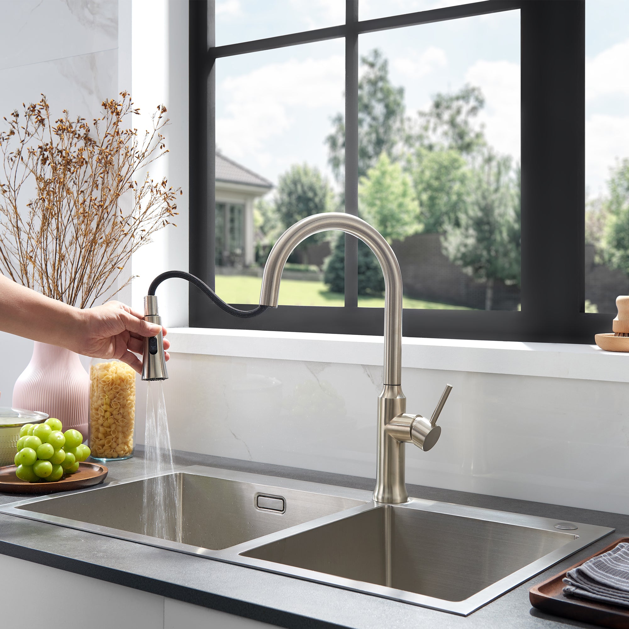 Oribe Single Handle Kitchen Faucet with Pull Down Sprayer - High Arc Brushed Nickel Modern Faucet for Sink, Dishwashing & Food Prep | Easy Installation & Durable Design