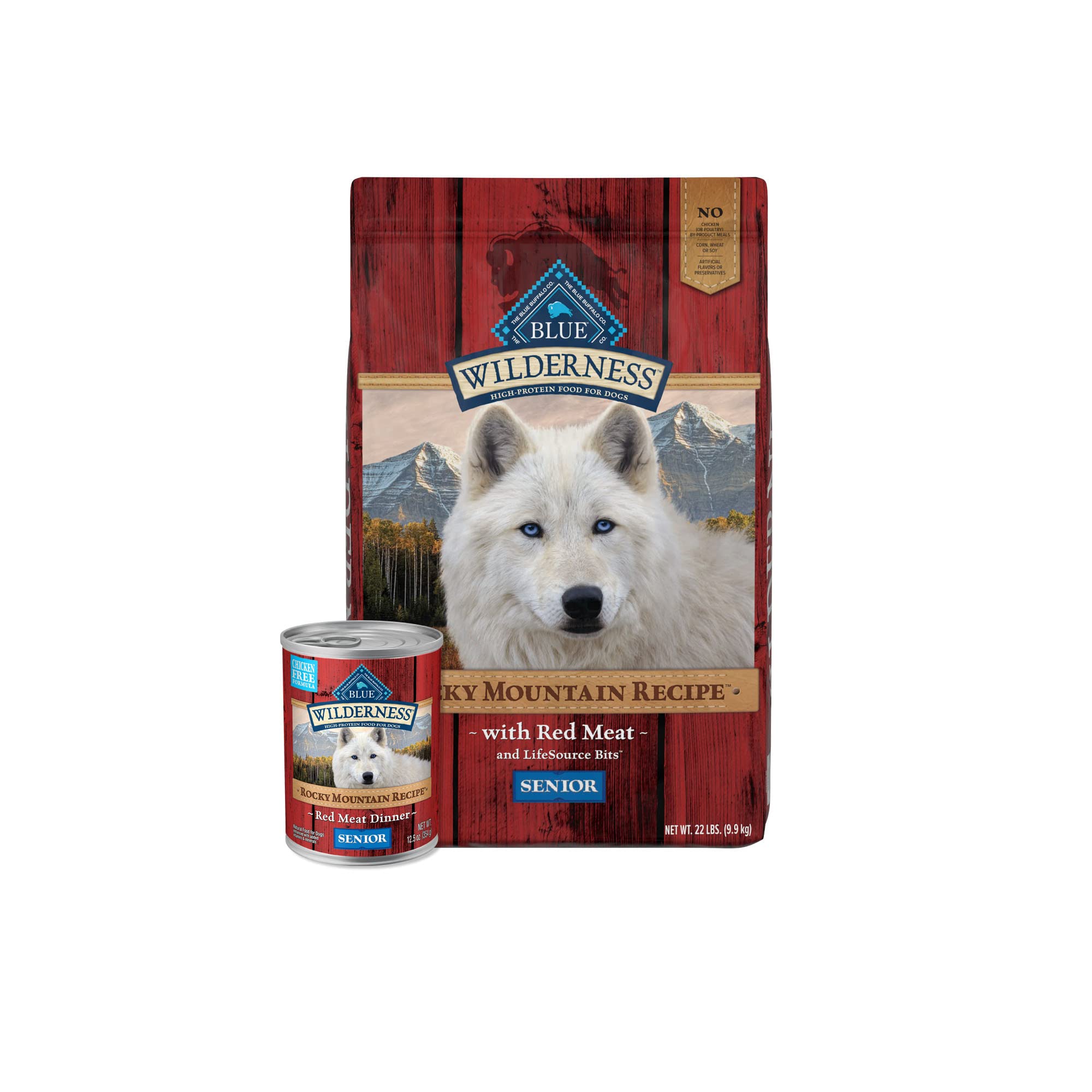 Blue Buffalo Wilderness Rocky Mountain Recipe High Protein Natural Senior Dry & Wet Dog Food Bundle - Red Meat (22-lb Bag + 12.5oz Cans 12-Pack) for Adult & Aging Dogs | Perfect for Active Seniors & Joint Health Support