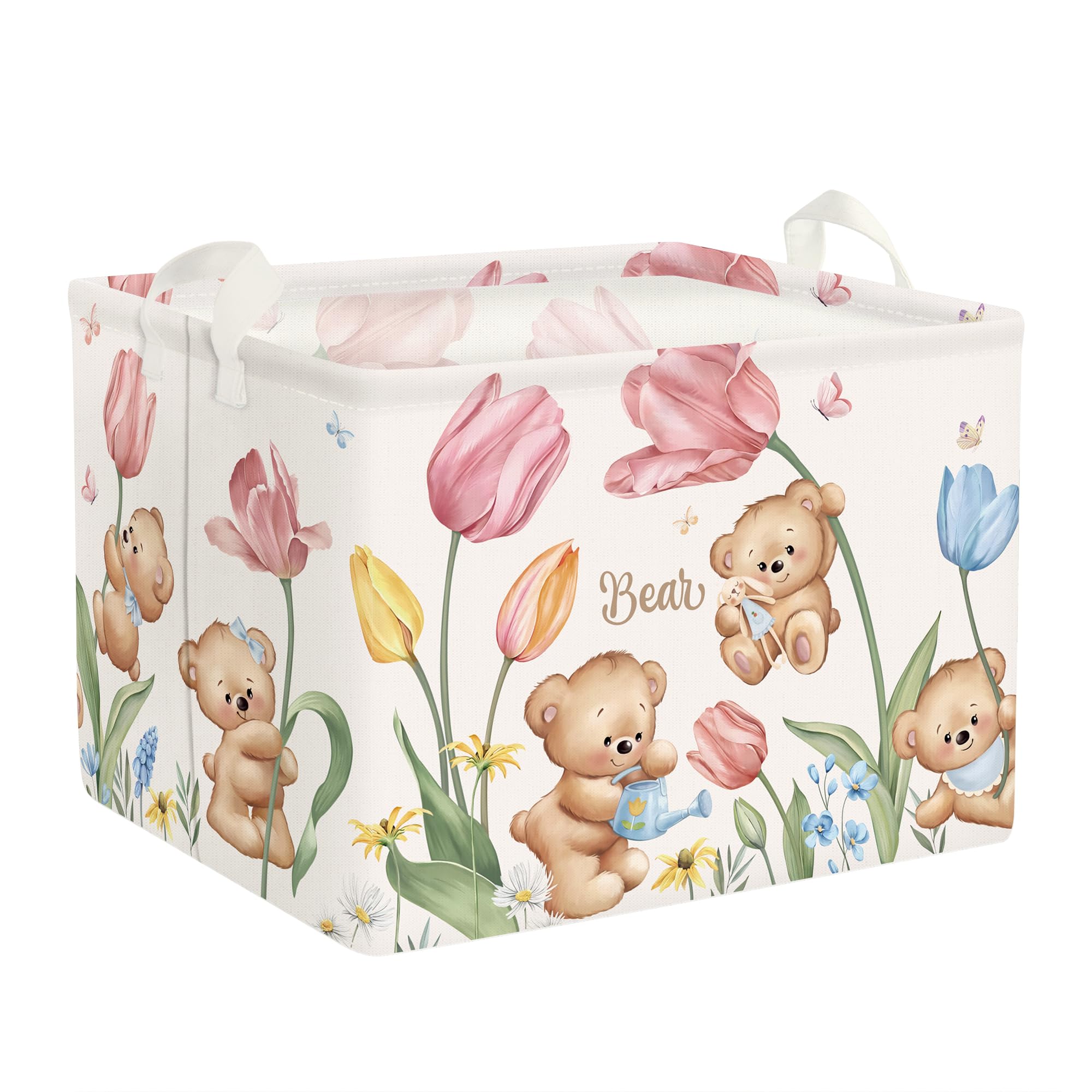 Clastyle Large Pink Tulip Bear Baby Gift Basket Set - 15.7x11.8x11.8 Inch Nursery Storage Bin with Kids Clothes, Toys & Books - Perfect for Girls Bedroom, Baby Shower Gift & Laundry Hamper Organization