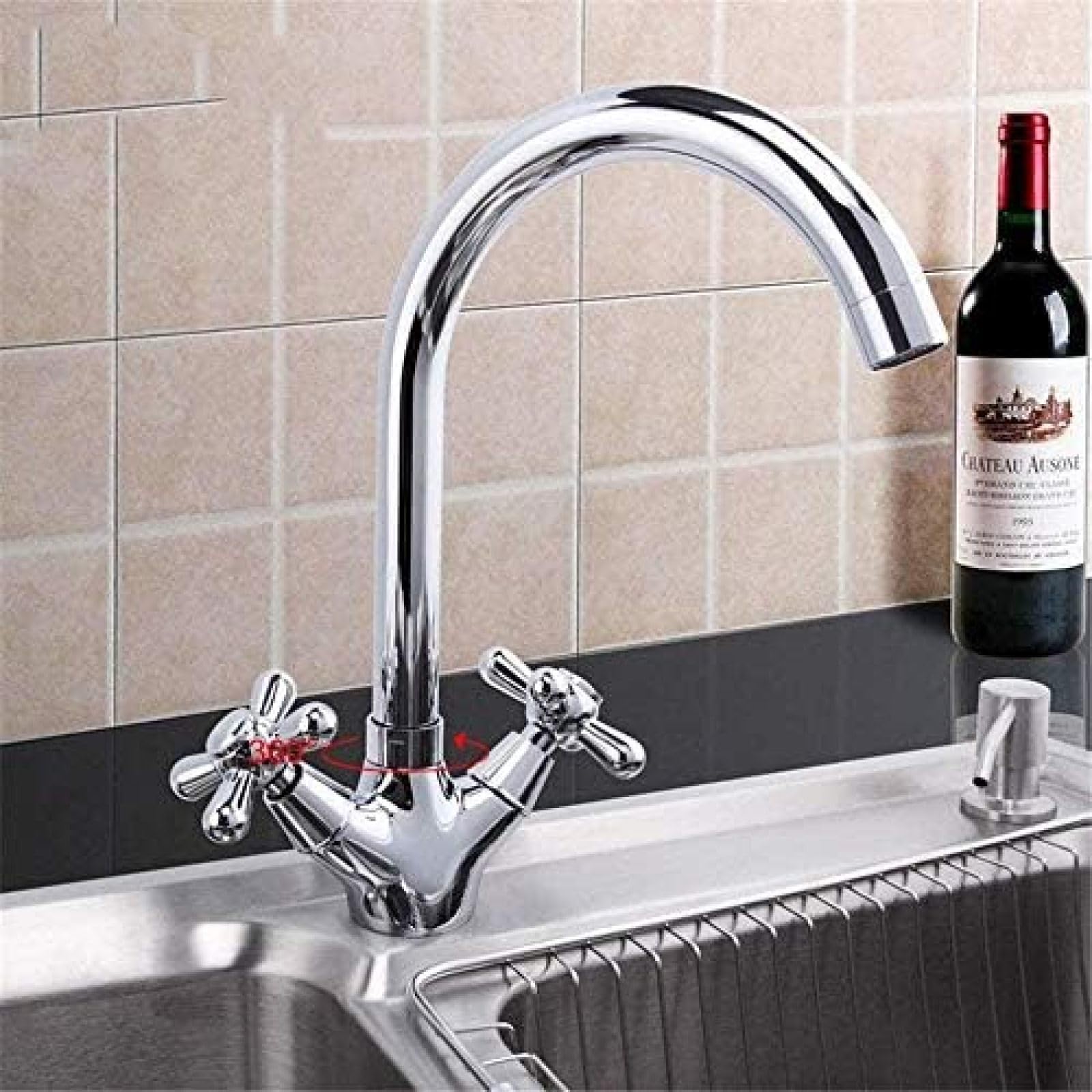 CRJUS Stainless Steel Kitchen Faucet - Deck Mounted Brass Mixer Tap with Hot & Cold Water, Double Handle Chrome Sink Faucet for Modern Home Kitchen Renovation & Dishwashing