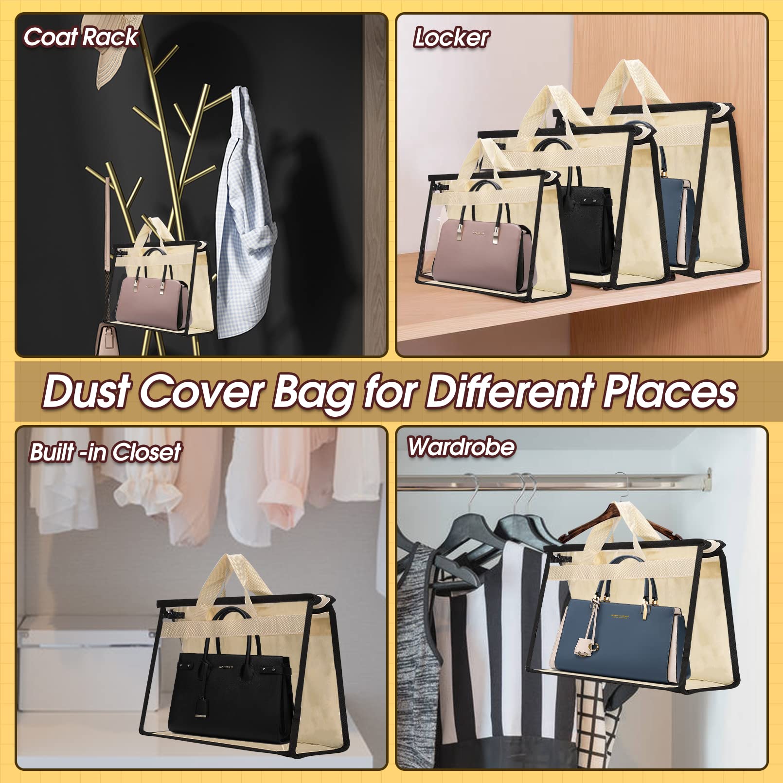 9 Pack Clear Dust Bags for Handbags - Zippered Transparent Purse Storage Organizer with Handles | Dustproof Closet Organizer for Luxury Bags, Travel & Home Storage
