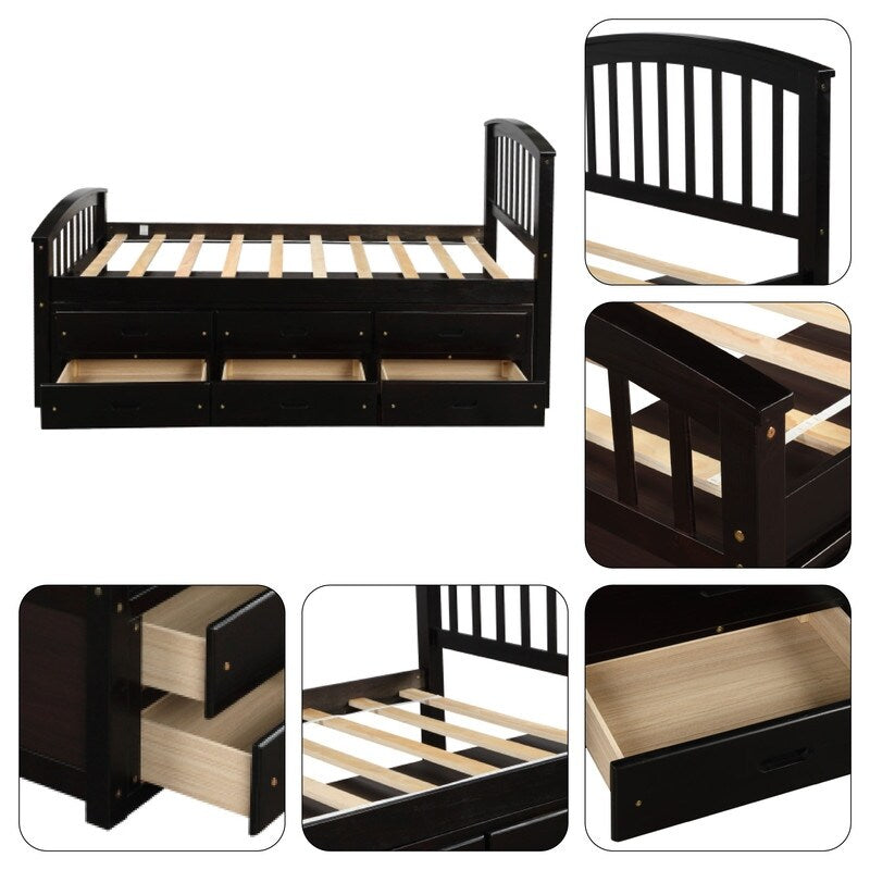 6-Drawer Twin Frame Espresso Shelf Bed with Solid Wood Drawers - Space-Saving Storage Solution for Small Bedrooms & Kids' Rooms
