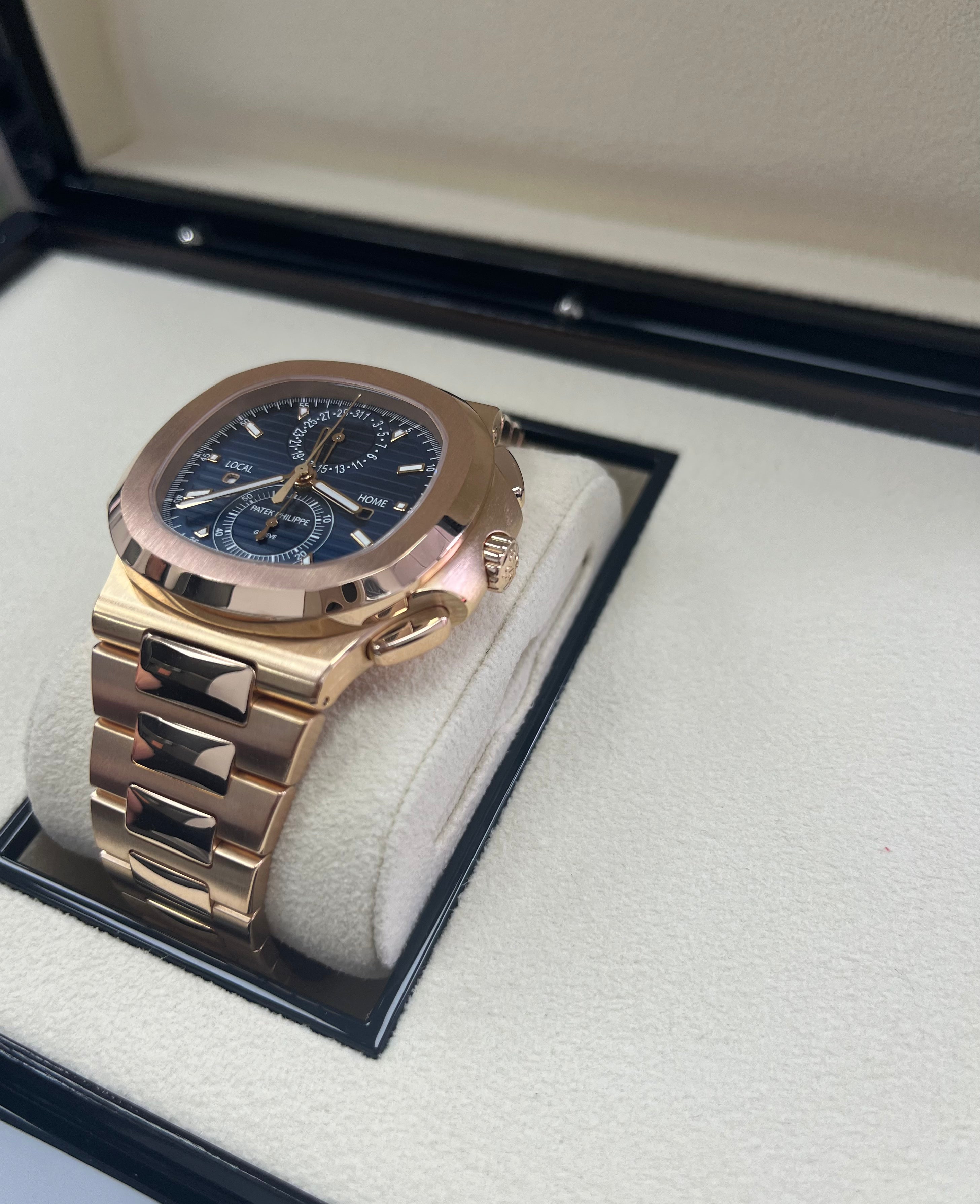 Patek Philippe Nautilus 5990/1R 001 Rose Gold Travel Time Chronograph Watch - Luxury Men's Automatic Timepiece for Business Travel & Formal Occasions