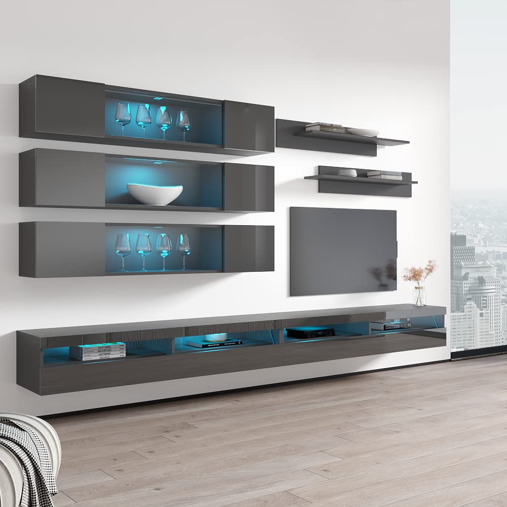 Modern Gray Wall-Mounted TV Stand with Storage Shelves & LED Lights - Floating Entertainment Center Console for Living Room & Bedroom - Perfect for Small Spaces, Home Theater Setup & Stylish Media Organization