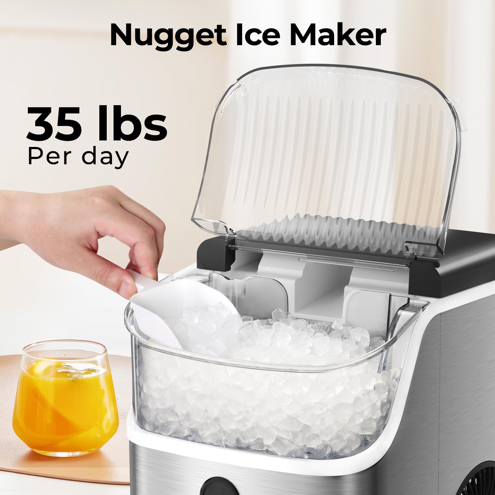 ZAFRO Nugget Ice Maker Machine - 35lbs/Day, Self-Cleaning Countertop Ice Maker with Removable Basket & Scoop, Stainless Steel - Perfect for Home, Office, Parties & Cocktails