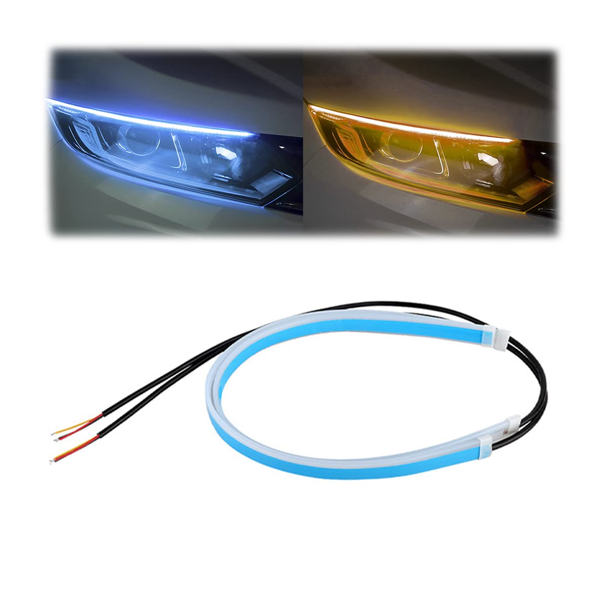 Car LED Headlight Strip Lights - 2PCS Dual Color (Blue/Yellow) DRL Daytime Running Lights with Waterproof Switchback Sequential Turn Signal - Easy Adhesive Installation for Cars, Trucks & SUVs | Perfect for Night Driving & Custom Exterior Styling