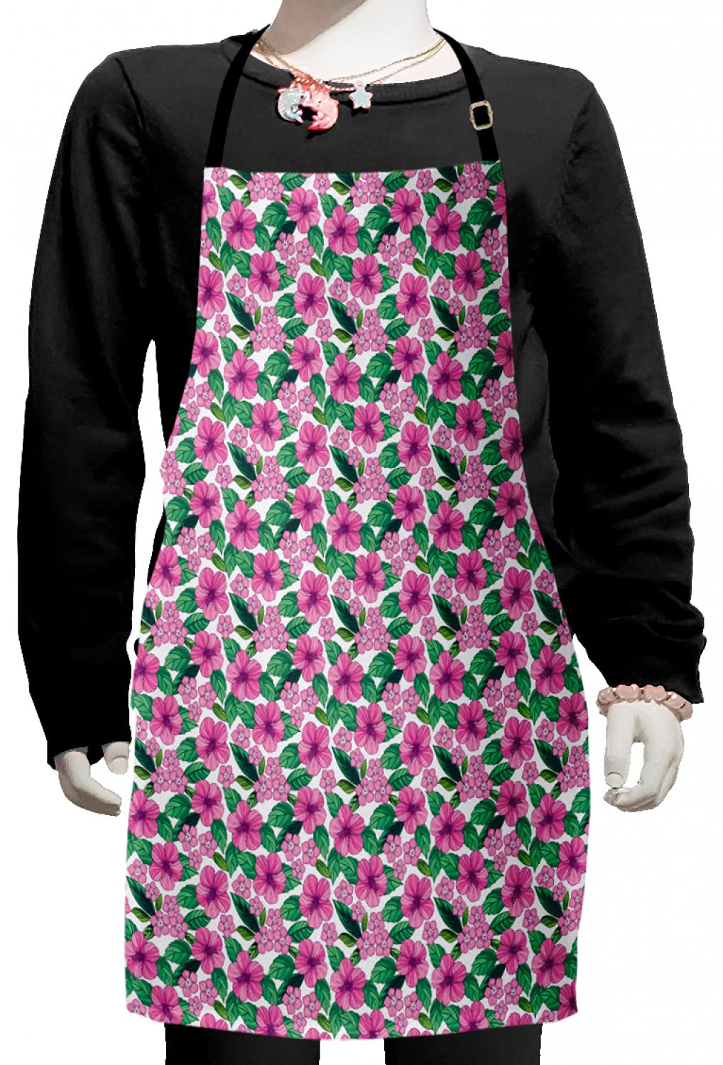 Ambesonne Floral Apron - Adjustable Small Bib Apron with Vibrant Hibiscus Flowers & Green Leaves for Baking, Painting, Cooking & Crafting - Pale Pink & Hunter Green