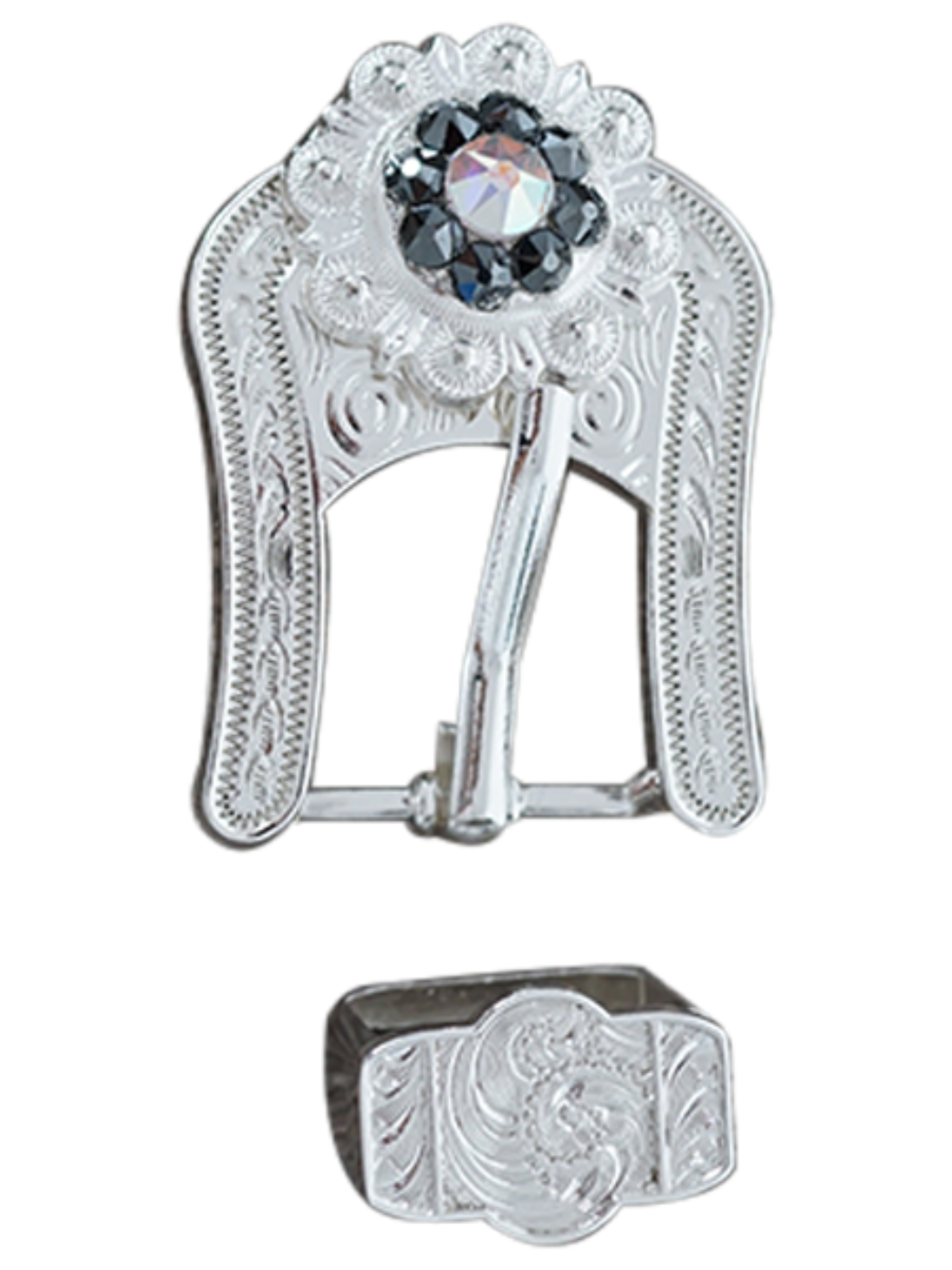 Bright Silver Jet & AB Crystal Conchos - 1 to 3 Inch Sizes with Buckles - Perfect for Western Belts, Leather Crafts & DIY Jewelry Making