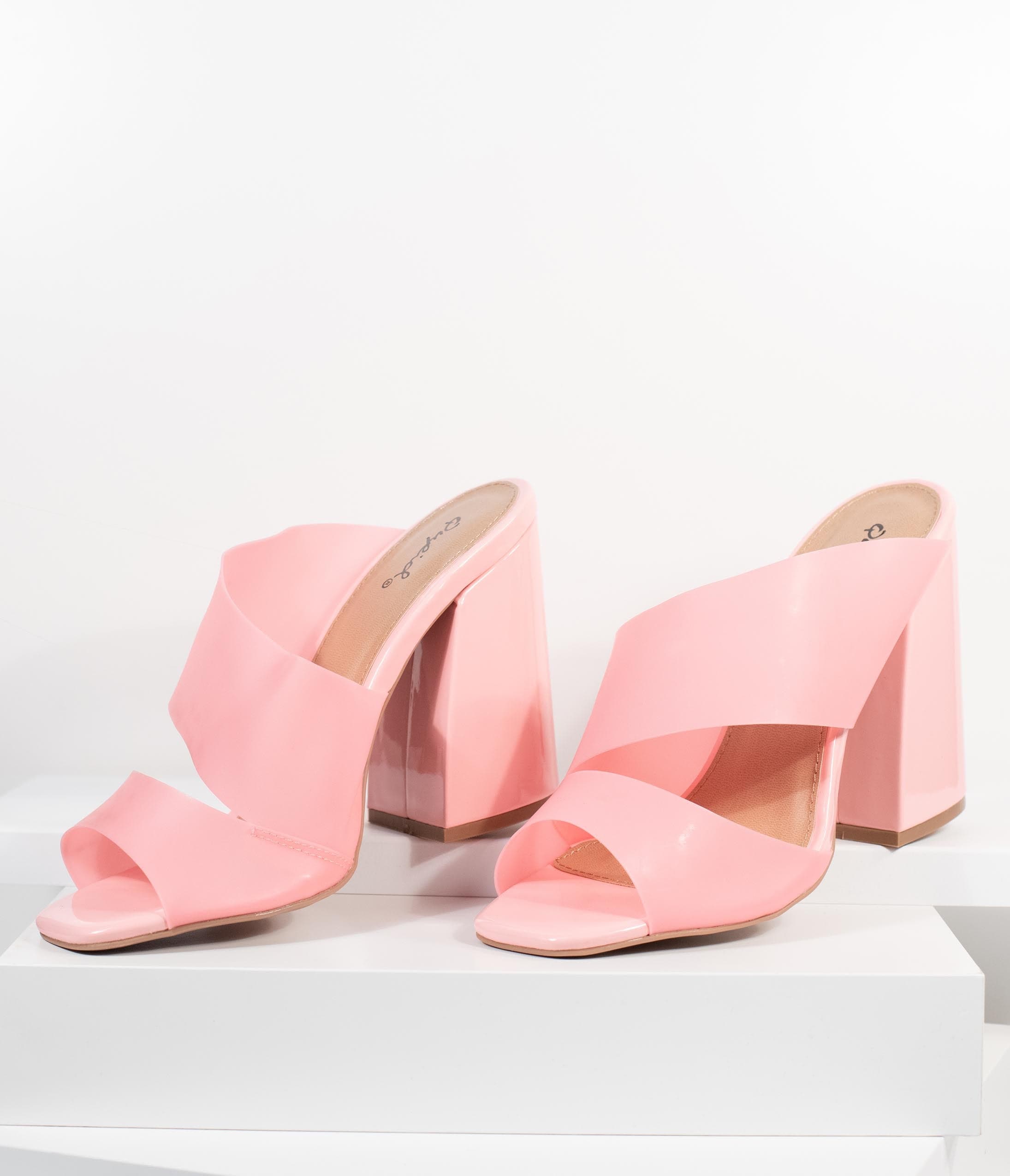 Stylish Frosted Pink Vinyl Peep Toe Mule Heels - Women's Comfortable Slip-On High Heels for Party, Wedding & Office Wear