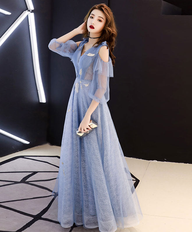 Elegant Blue V-Neck Tulle Lace Long Prom Dress | Formal Evening Gown for Women | Perfect for Homecoming, Wedding Guest & Special Occasions