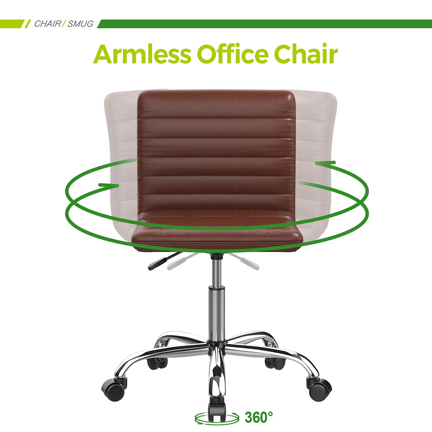 Ergonomic Armless Leather Swivel Office Chair - Mid Back Ribbed Task Chair for Home & Office - Adjustable White Desk Chair for Adults & Kids - Perfect for Workstations, Vanity Desks & Study Areas (Brown)
