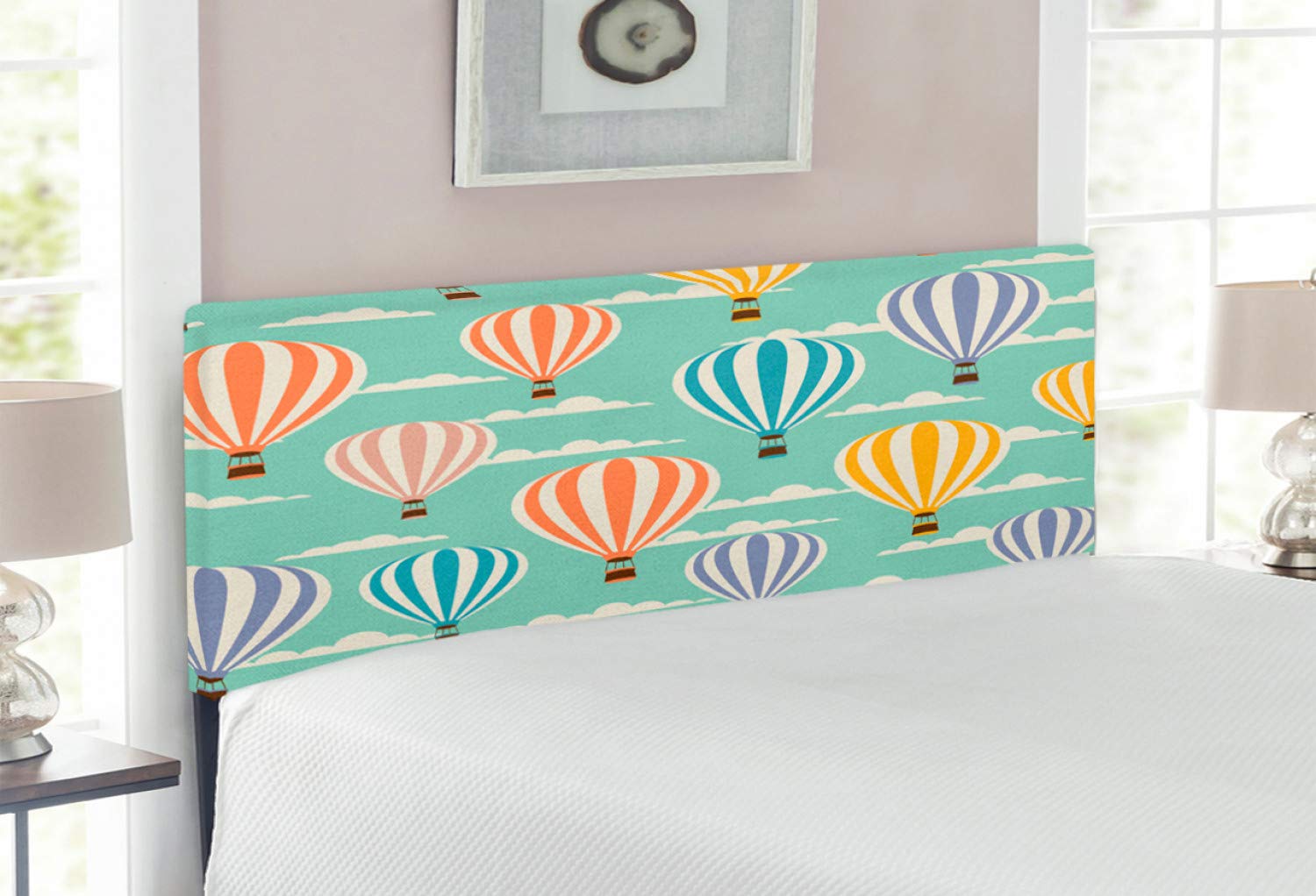 Ambesonne Vintage Upholstered Headboard - Full Size Decorative Metal Bed Frame with Memory Foam | Colorful Retro Travel Balloons, Cloud Blue Sky Adventure Modern Art Design in Blue, Orange & Purple | Perfect for Bedroom Decor, Guest Rooms & Bohemian Style Homes