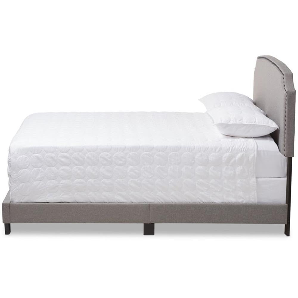 Baxton Studio Odette Nailhead Upholstered King Size Bed Frame in Light Grey - Luxurious Bedroom Furniture for Master Suite Decor