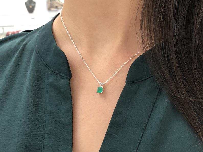 0.90 Carat Asscher Cut Emerald Solitaire Pendant Necklace in 14K Gold - Handcrafted Scroll Design for Women, Perfect for Weddings, Anniversaries & Special Occasions