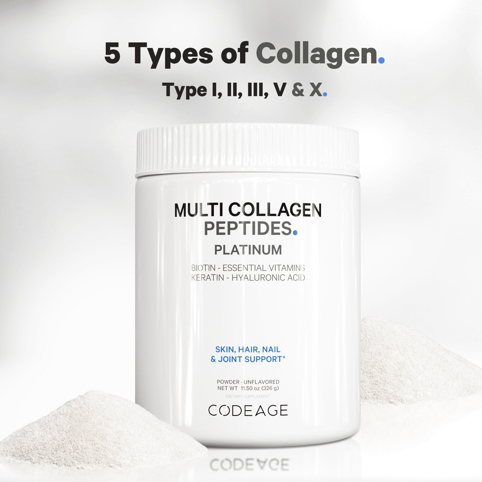 Codeage Platinum Multi Collagen Peptides Powder Supplement - Hydrolyzed Collagen for Skin, Hair & Joint Support - Unflavored Protein Powder for Smoothies, Coffee & Baking (30 Servings)