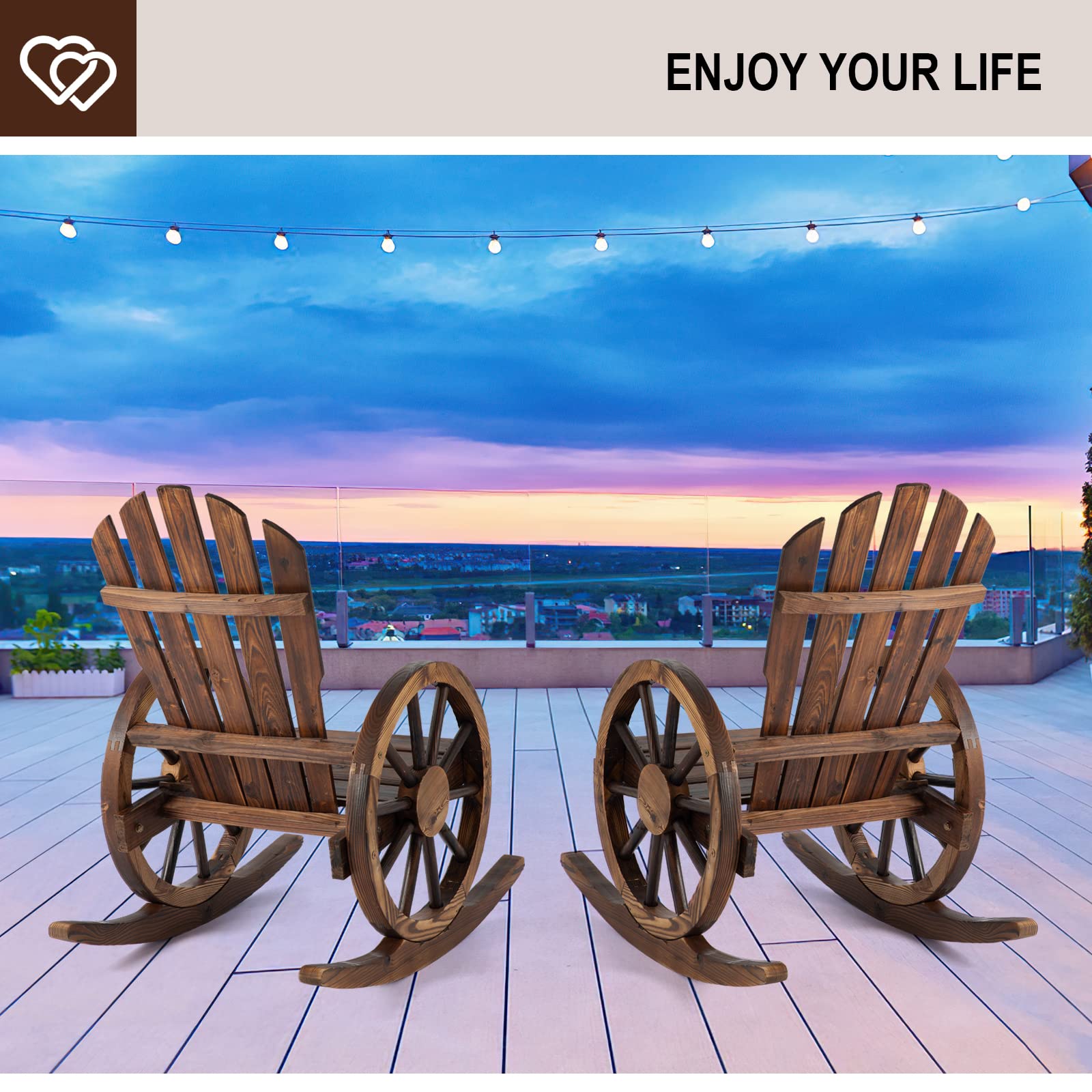 2-Piece Outdoor Wood Rocking Chair Set - Rustic Wagon Wheel Rockers for Patio, Porch & Garden - Perfect for Country Homes, Front Porch Relaxation & Backyard Lounging
