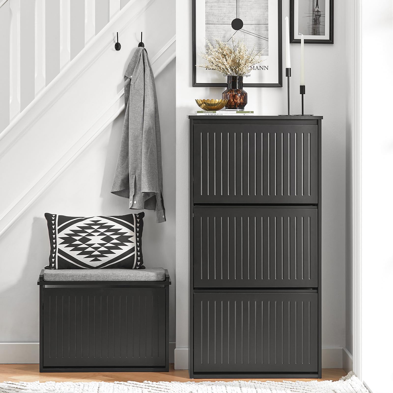 3-Tier Flip-Drawer Shoe Storage Cabinet - Freestanding Shoe Organizer for Entryway, Narrow Hallway - Space Saving Shoe Rack for Sneakers, Boots & Sandals - Perfect for Small Apartments & Closet Organization (Black)