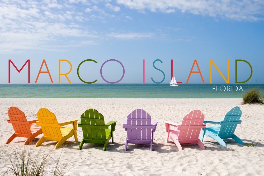Colorful Beach Chairs Marco Island Florida - 24x36 Giclee Gallery Print Travel Poster - Coastal Wall Decor for Living Room, Bedroom & Beach House
