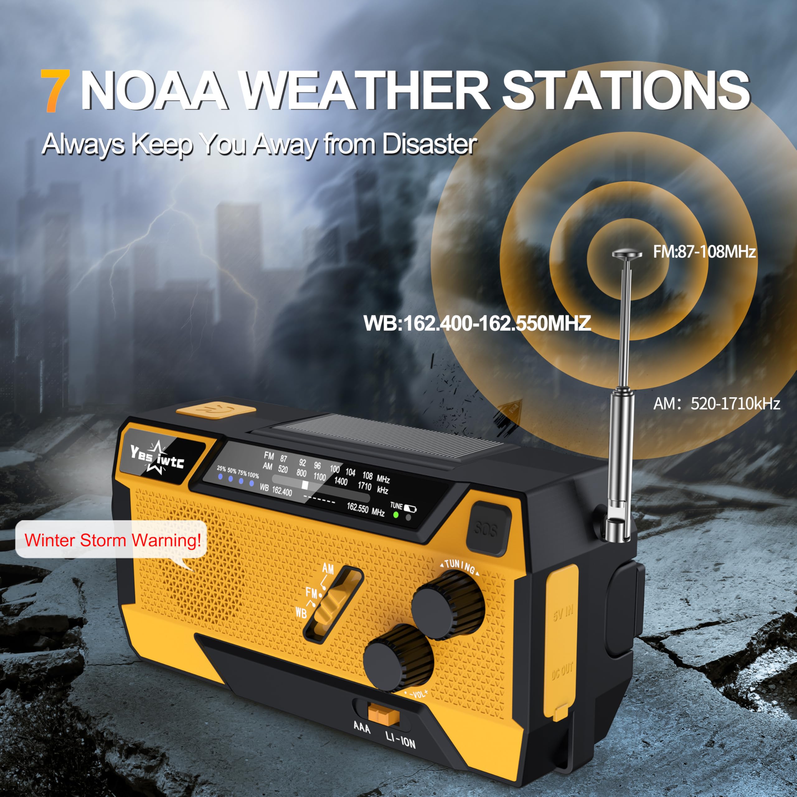 NOAA Weather Radio with Hand Crank & Solar Power - 7400mAh Emergency Portable Radio, AM/FM, 3-in-1 Charging Cable - Perfect for Winter Storms, Hurricanes & Outdoor Survival Gear