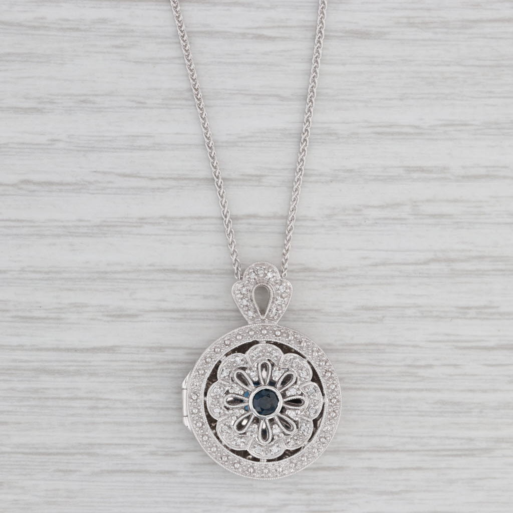 0.57ctw Blue Sapphire and Diamond Floral Pendant Necklace in 14K White Gold - 15.75 Inch - Elegant Gift for Women, Perfect for Weddings, Anniversaries and Special Occasions