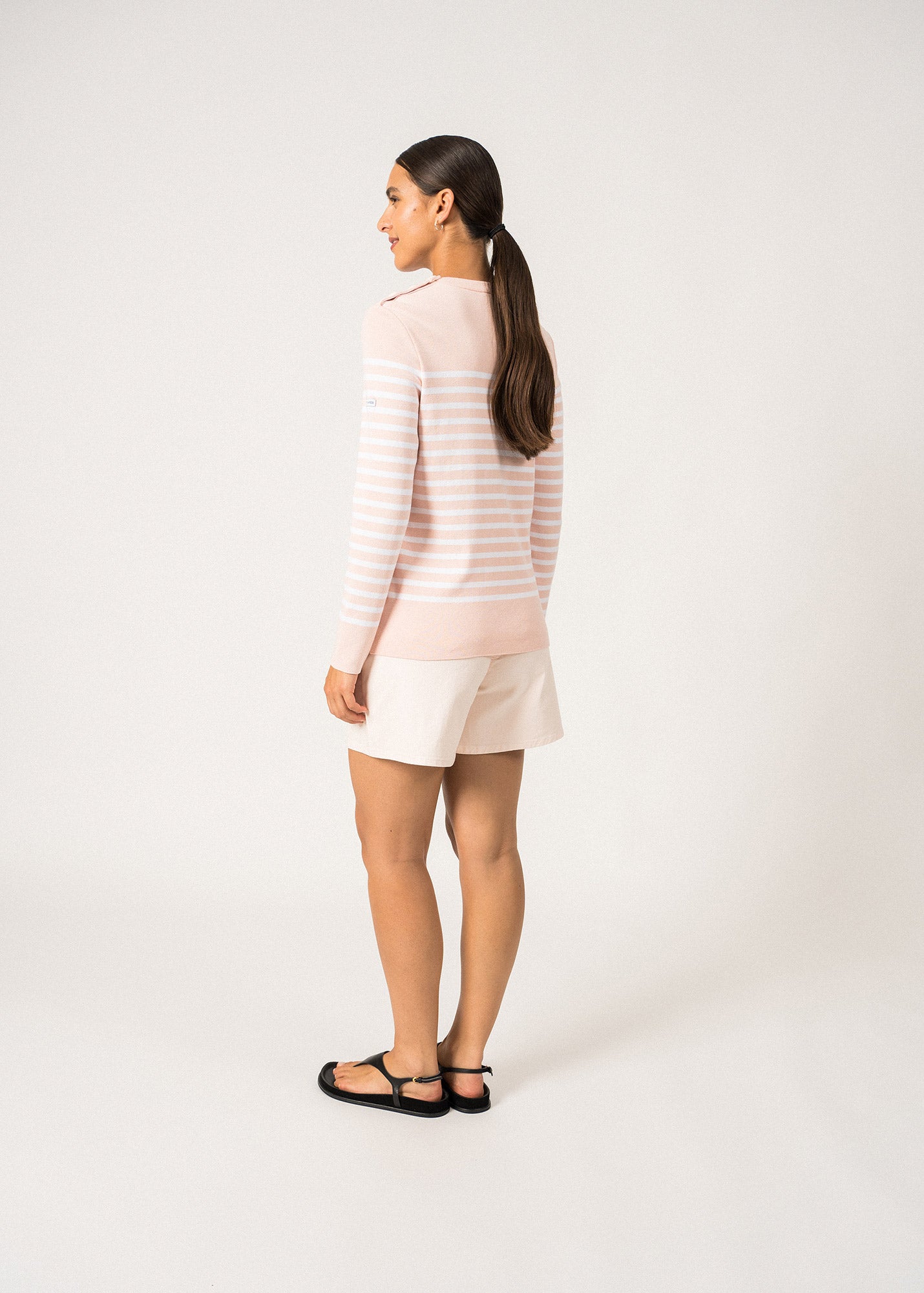 Women's AVIGNON Striped Button Shoulder Sweater - 100% Organic Cotton (Pale Pink/White) | Casual Wear, Office Outfit, Fall Fashion