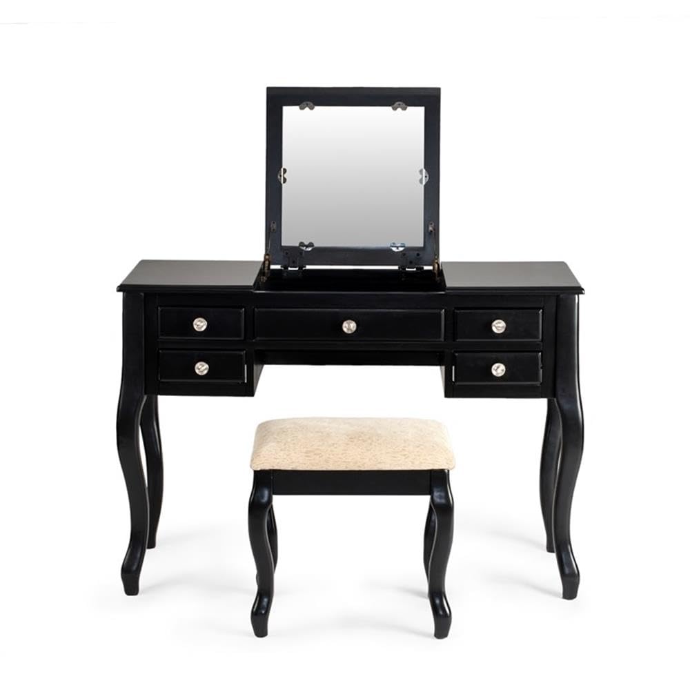 BOWERY HILL Black Wooden Vanity Set with Stool and Mirror - Elegant Dressing Table for Bedroom, Bathroom & Makeup Area - Perfect for Home Decor & Vanity Organization