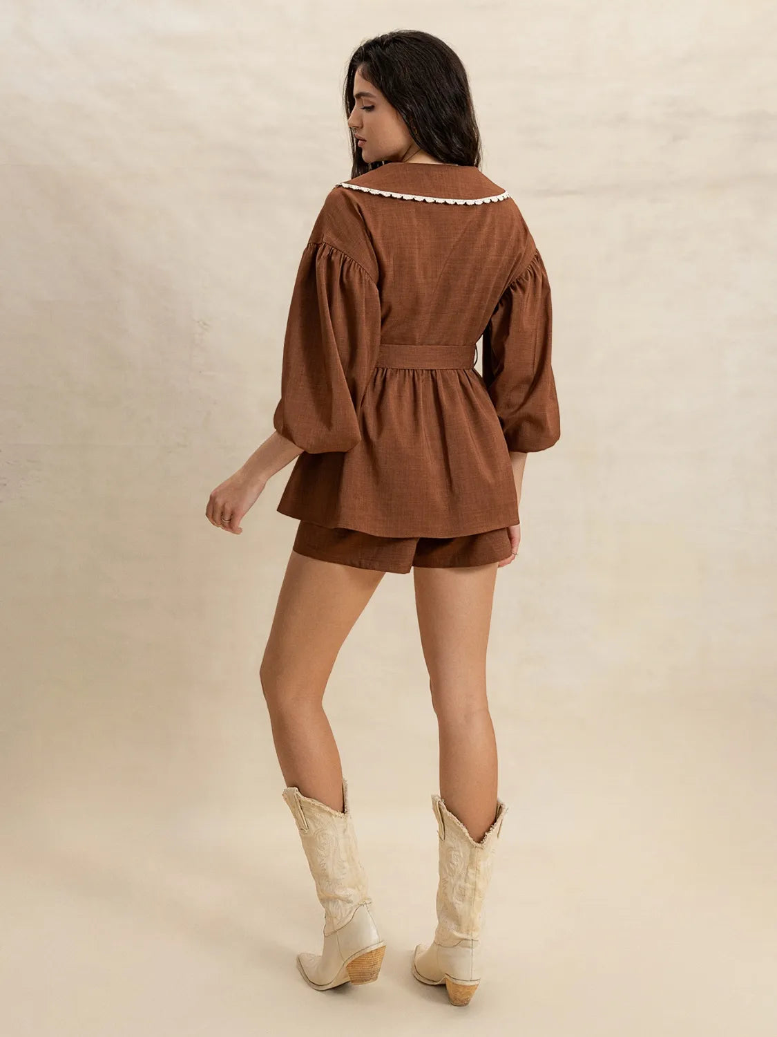 Peter Pan Collar Balloon Sleeve Blouse & Shorts Set - Vintage Inspired Women's Outfit for Casual Wear, Summer Picnics & Date Nights