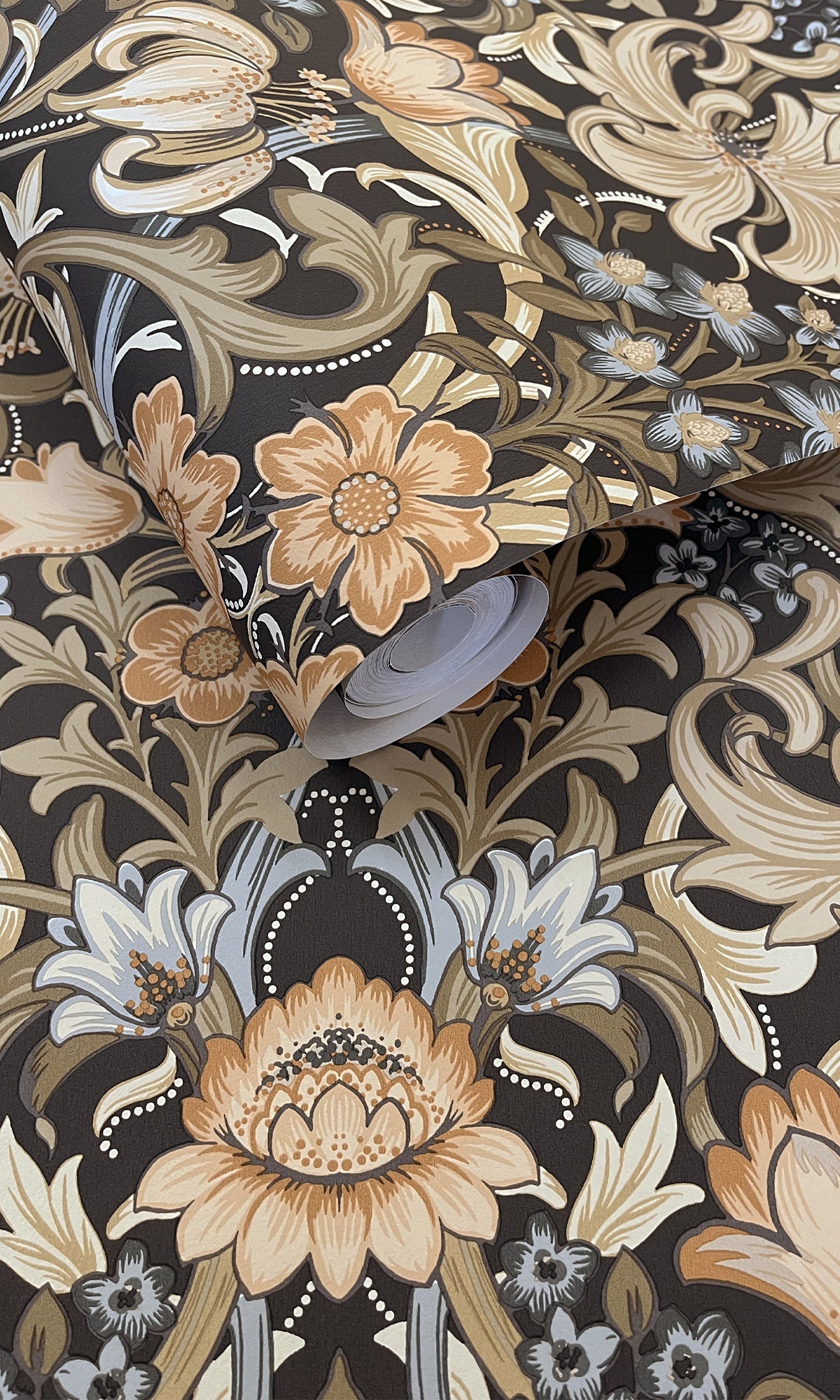 Charcoal and Orange Elegant Floral Damask Wallpaper R9635 - Premium Peel and Stick Wallpaper for Living Room, Bedroom, Dining Room Decor