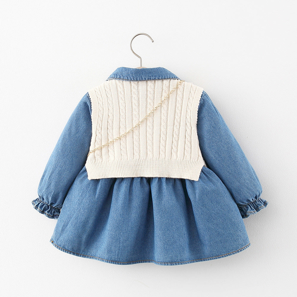 Baby Girl Autumn Long Sleeve Denim Dress with Wool Vest Set - Cute Outfit for Fall Photoshoots, Family Gatherings & Holiday Events