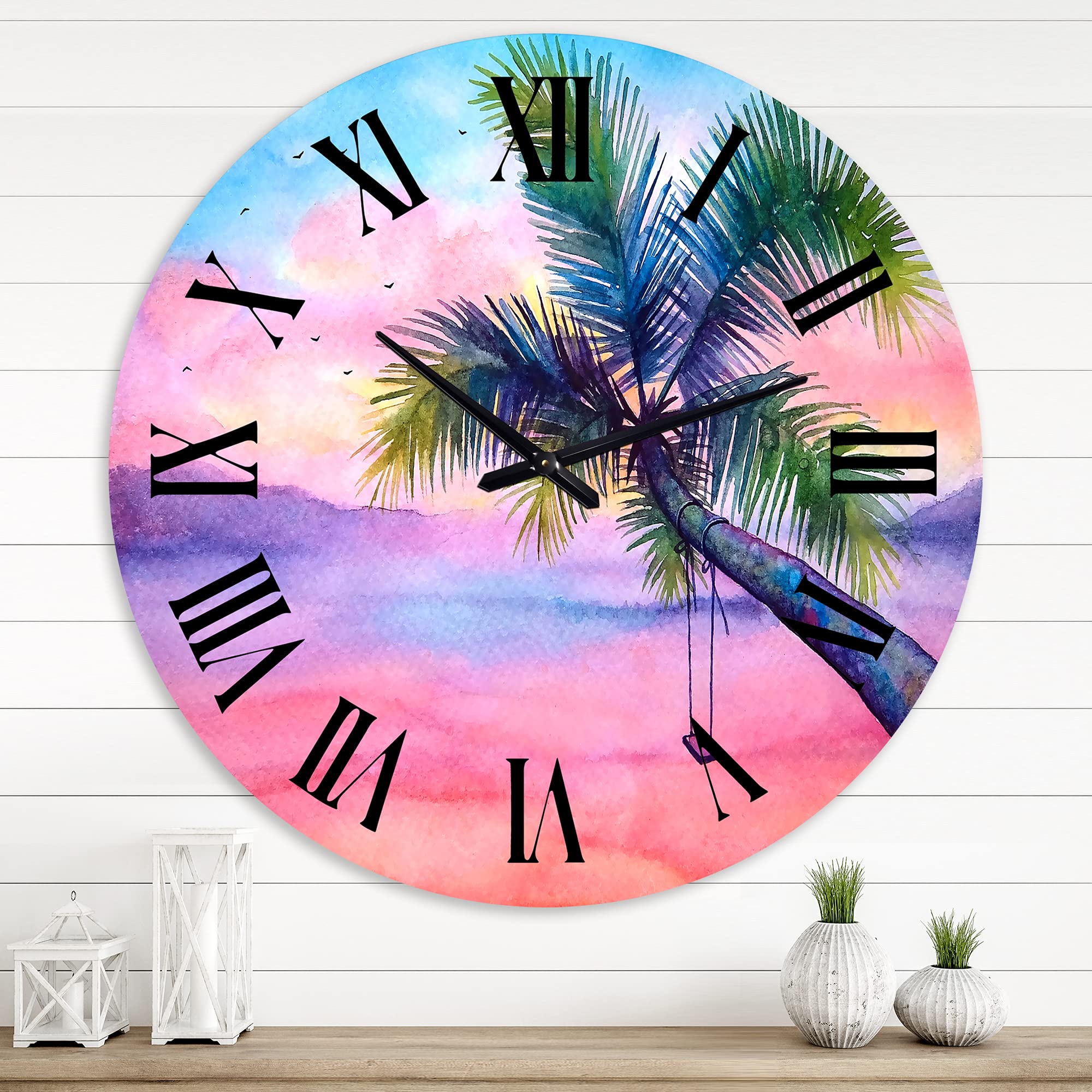 DesignQ Nautical Coastal Wall Clock - Pink Round Clock with Vivid Sunset Landscape, Palm Tree & Swing - Perfect for Living Room, Bedroom, or Beach House Decor