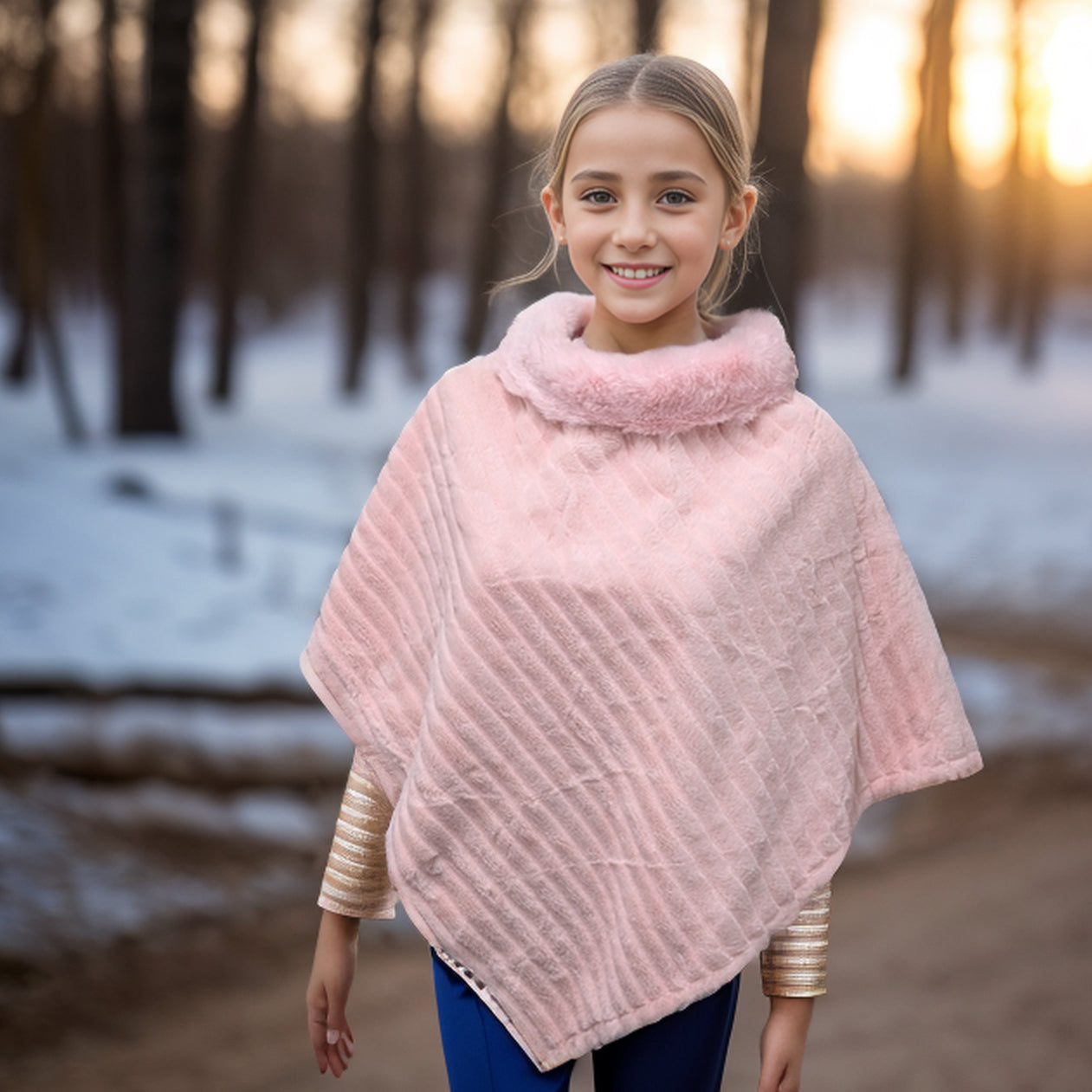 Pink Kids Faux Fur Poncho - Soft Warm Winter Cape for Girls - Perfect for Outdoor Play, Birthday Parties & Holiday Photos