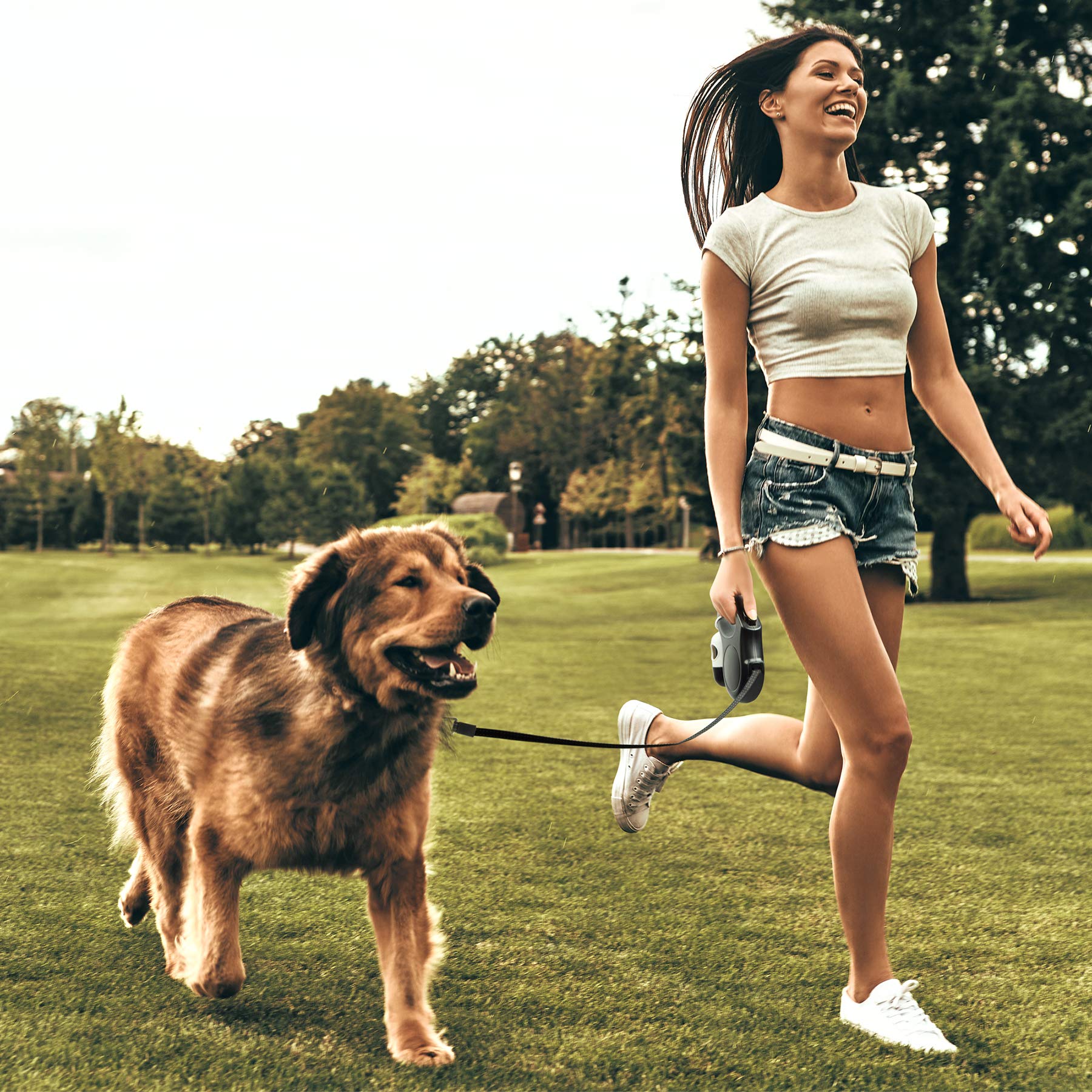 Fida 16ft Retractable Dog Leash with Poop Bag Dispenser - Heavy Duty Pet Walking Leash for Large Dogs up to 110 lbs - Anti-Slip Handle & Tangle-Free Reflective Nylon Tape - Perfect for Park Walks, Hiking & Nighttime Safety (Large, White)