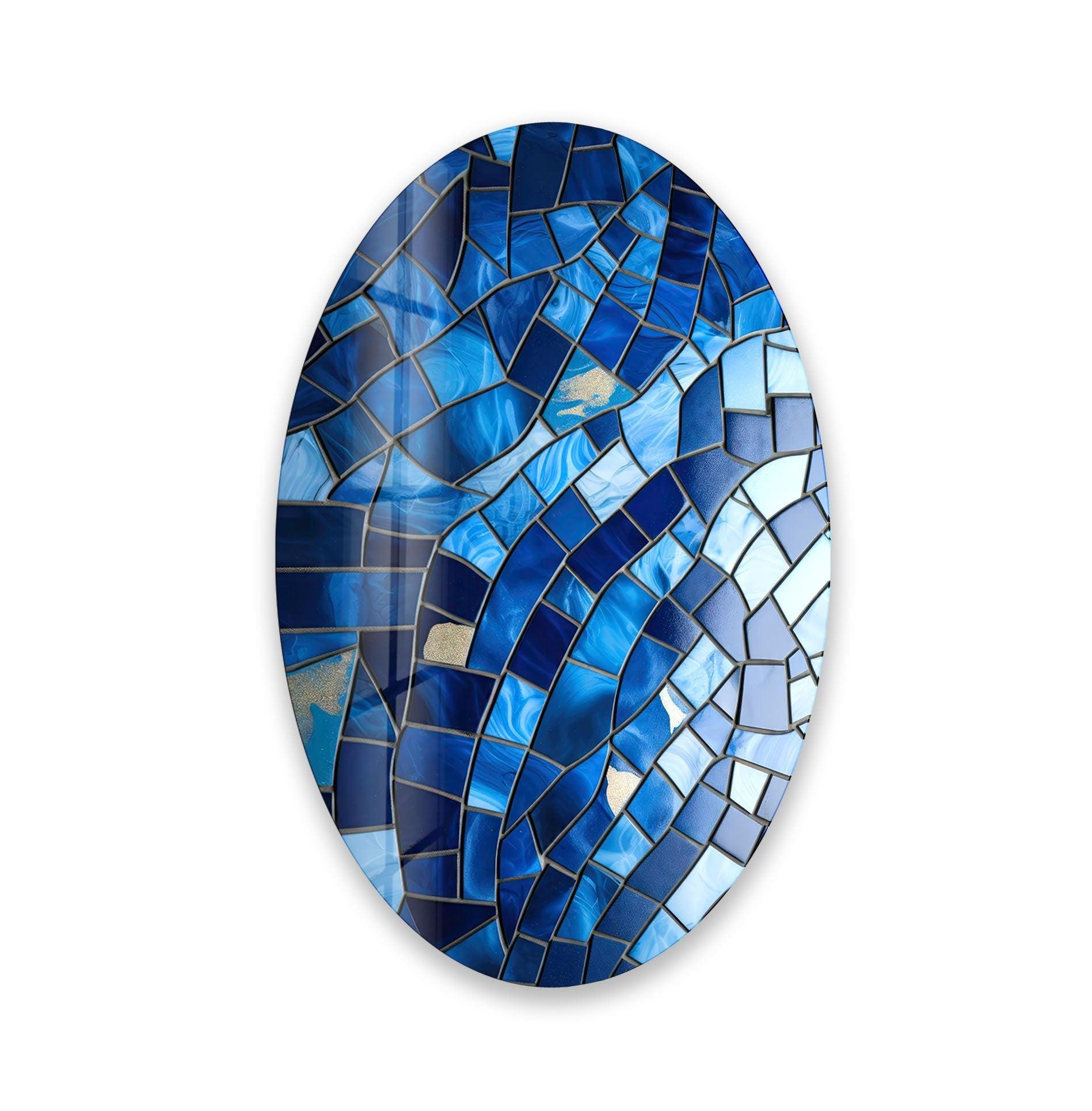 Handmade Asymmetric Oval Mosaic Blue Glass Wall Art - Modern Home Decor for Living Room, Bedroom & Office
