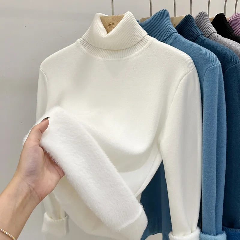 Women's Thick Velvet Turtleneck Sweater - Warm Winter Pullover for Casual Outfits & Holiday Parties
