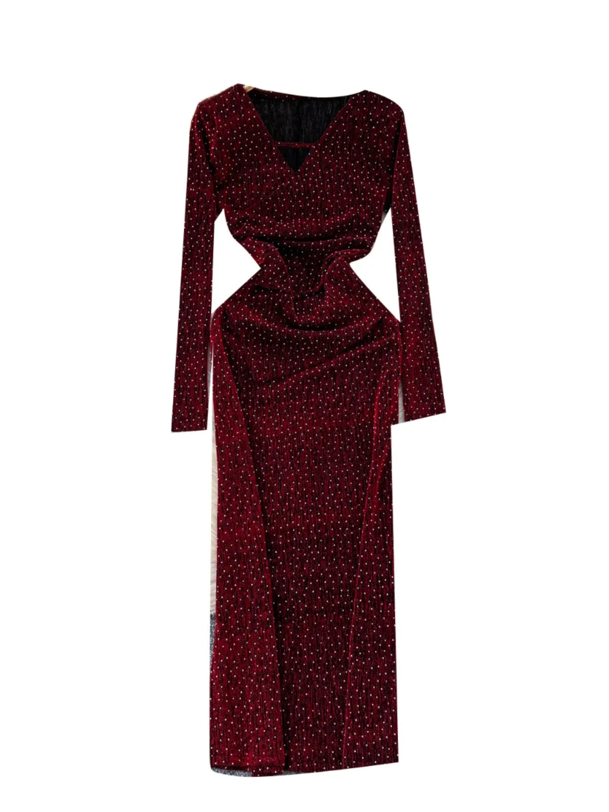 2024 Autumn Women's Fashion Elegant V-Neck Long Sleeve Slim Evening Dress - Black/Red Diamonds & Gold Hollow Out Design | Perfect for Parties, Weddings & Formal Events