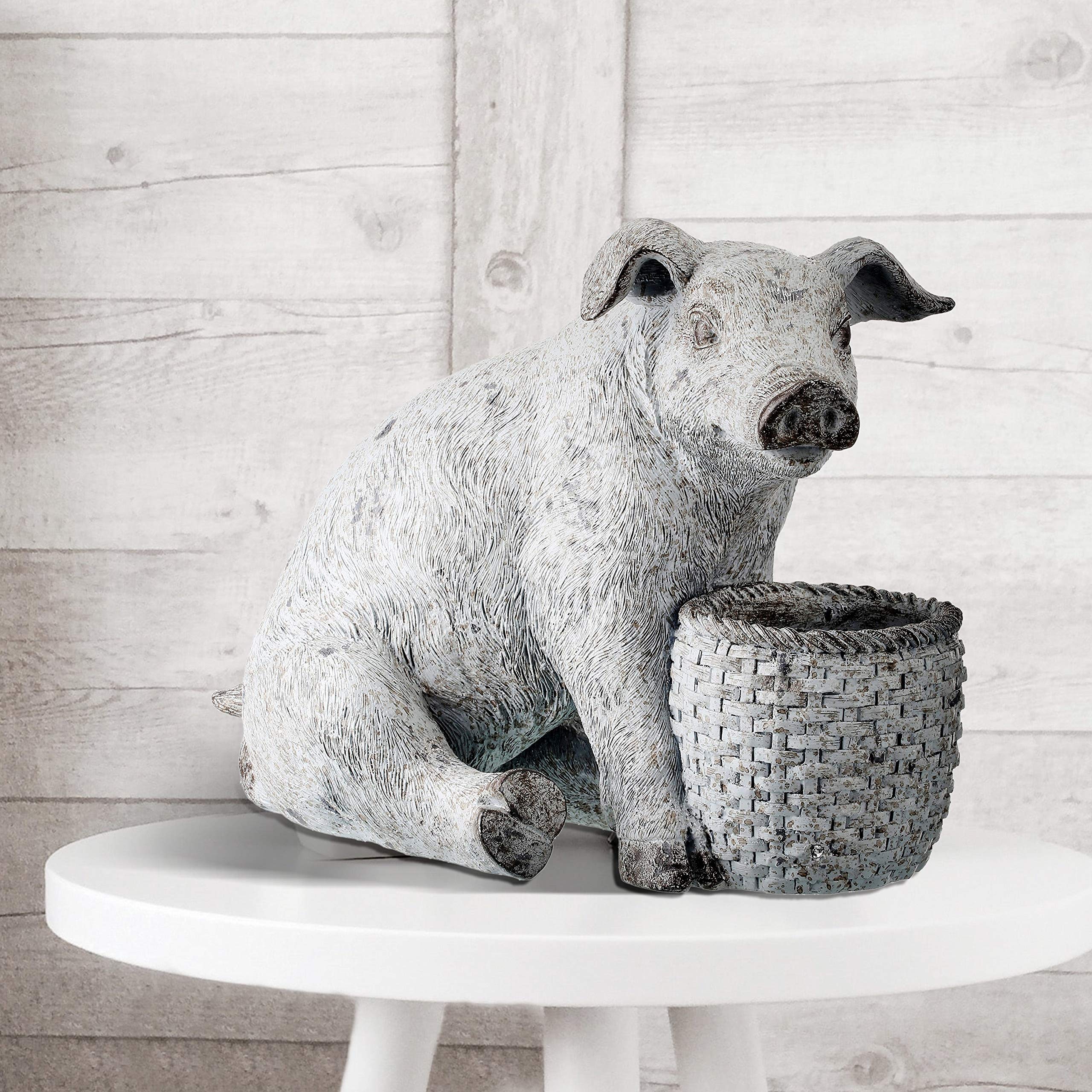 12.5 Inch Grey Resin Pig Planter Basket with Stand - Unique Home & Garden Decor for Indoor/Outdoor Plants, Succulents, and Flowers