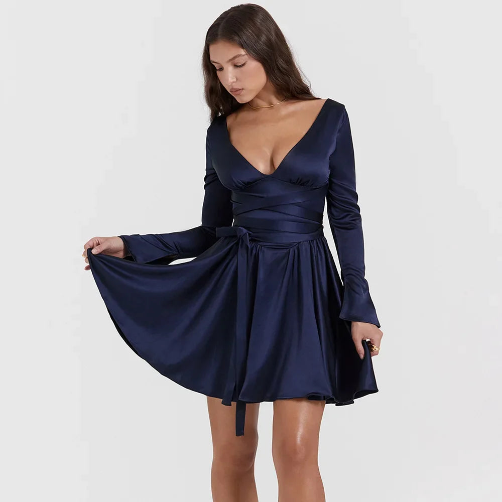 Women's Navy Blue Long Sleeve V-Neck A-Line Mini Dress with Belt | Fall Winter Casual Dress for Work, Date Night & Holiday Parties