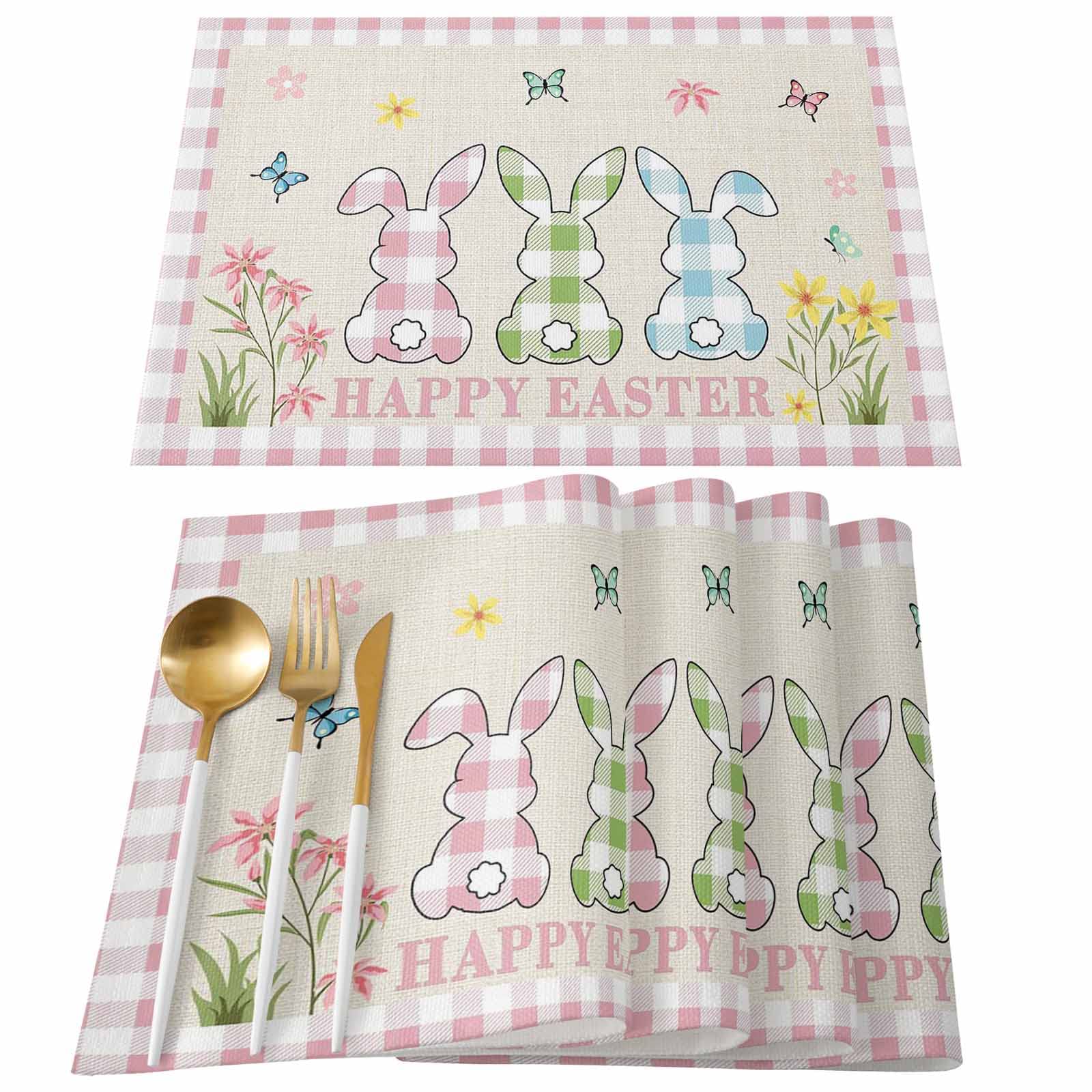 Cotton Linen Placemats Set of 4 - Non-Slip Heat Resistant Easter Bunny Retro Country Style Washable Table Mats for Dining Table, Kitchen, Holiday Party & Home Decor - Perfect for Easter Brunch, Farmhouse Dining & Spring Table Settings
