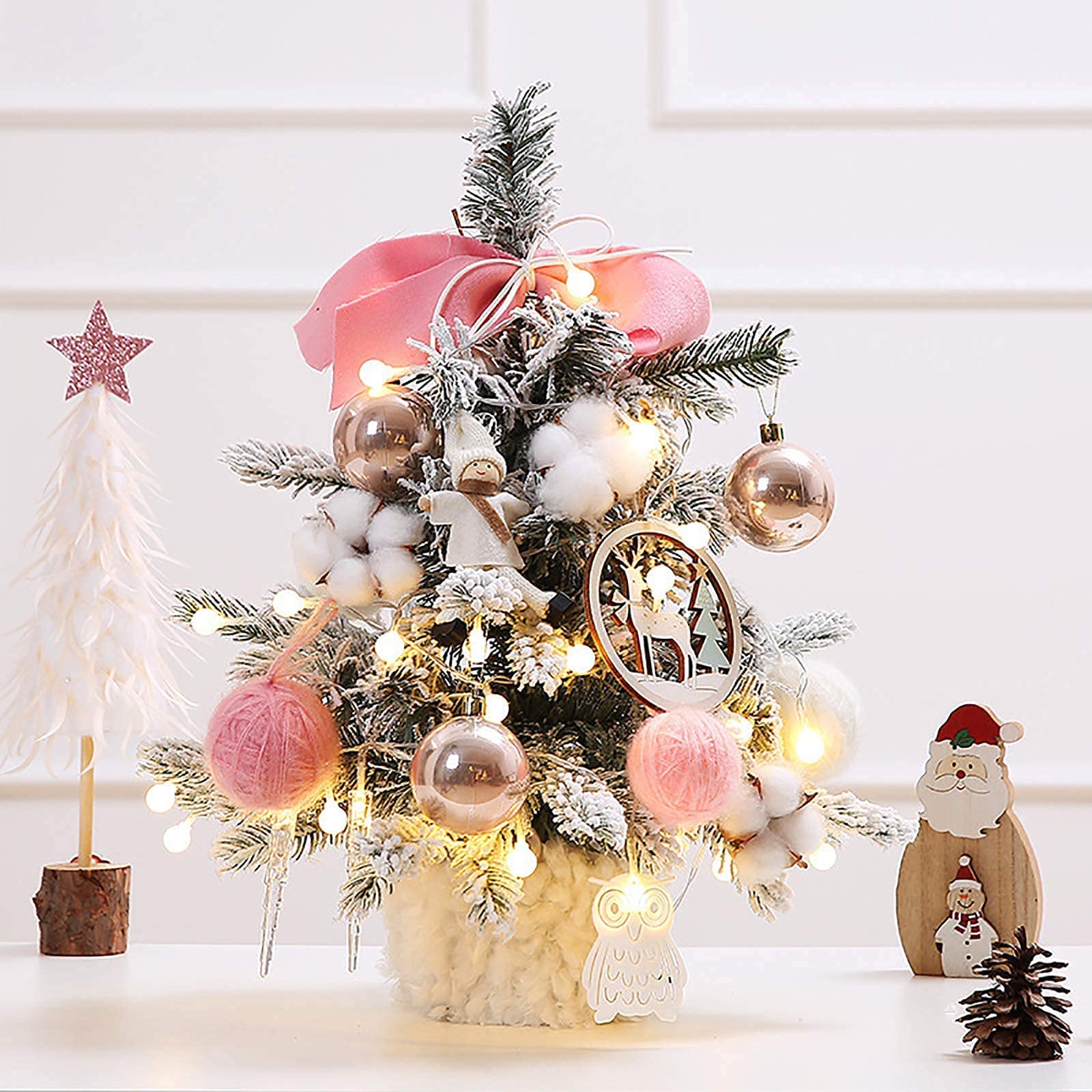 1.5ft Pink Flocked Christmas Tree with Lights & Decorations - Small Artificial Tabletop Mini Tree for Holiday Gifts, Home, Office & Party Decor (45cm/1.5ft) | Perfect for Christmas Centerpieces, Mantel Displays & Winter Wonderland Themes