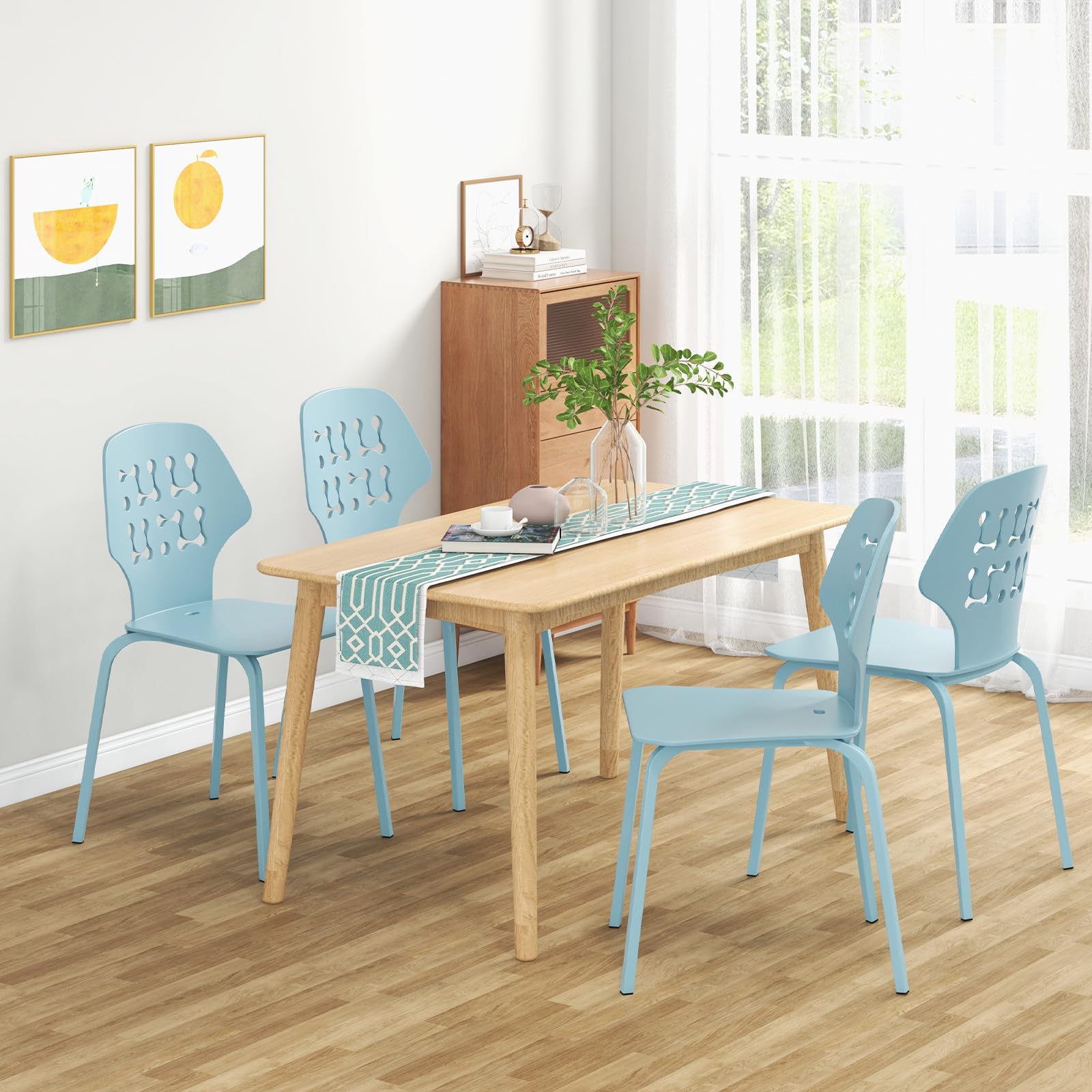 GOFLAME Armless Dining Chairs Set of 4 - Modern Hollow Backrest Metal Leg Accent Chairs for Kitchen, Dining & Living Room - Blue Velvet Upholstery - Perfect for Small Spaces & Contemporary Home Decor
