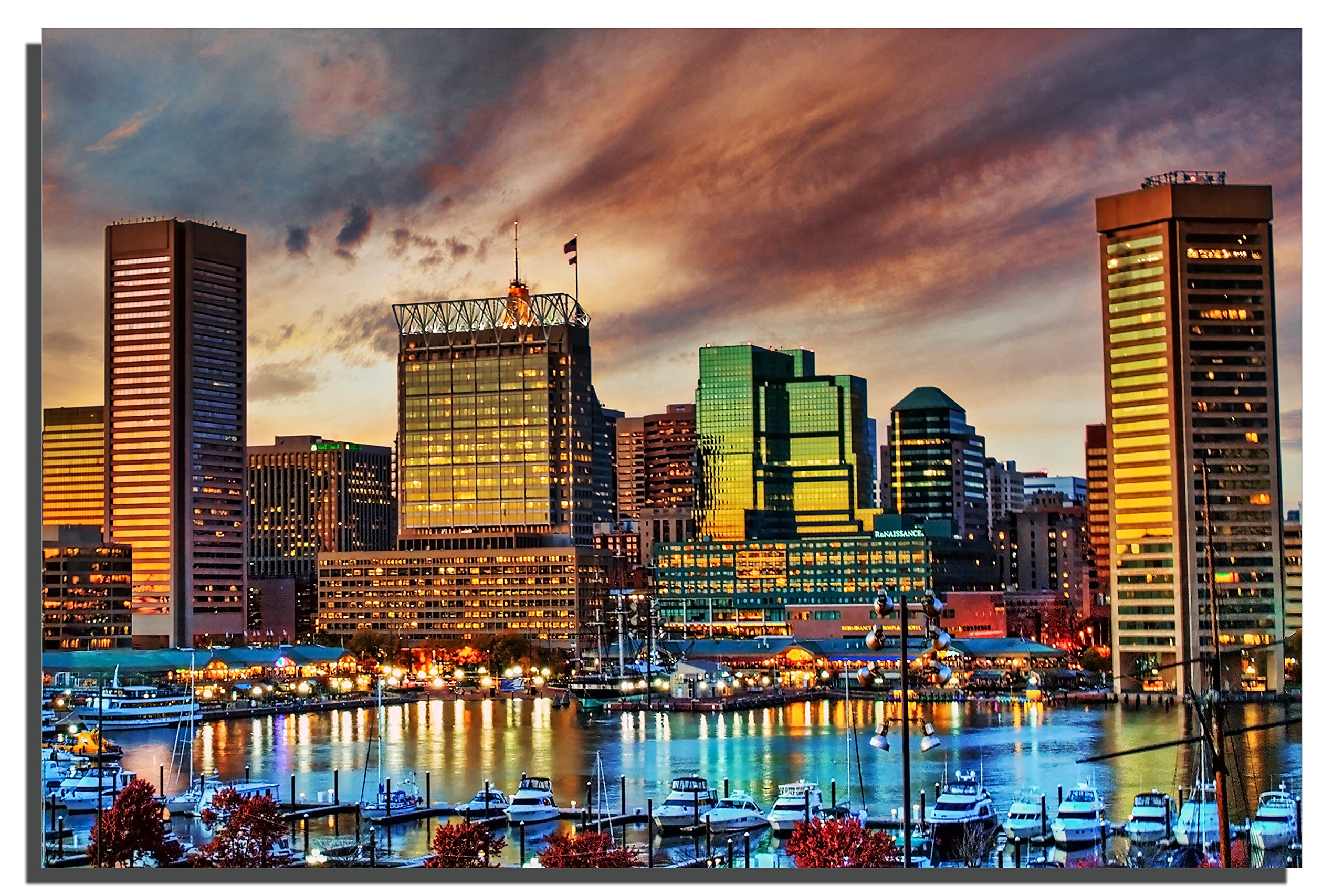 Baltimore MD Metal Print Wall Art - 36 x 24 Canvas Quest Inner Harbor Sunset Skyline | Home & Office Decor, Living Room Wall Decor, Gift for Baltimore Lovers