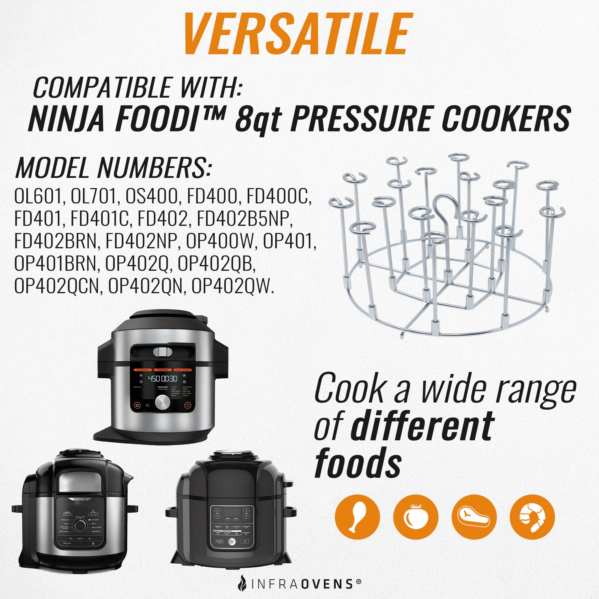 INFRAOVENS Pressure Cooker Accessories Rack for Ninja Foodi 8-Quart OL701, OL601, OS400, FD401 & Air Fryer - Silicone Heat Resistant Liner & Skewer Stand for Kabobs - Compatible with 10-in-1, 12-in-1, 14-in-1 Models - Perfect for Grilling, Roasting & Steaming in Pressure Cookers
