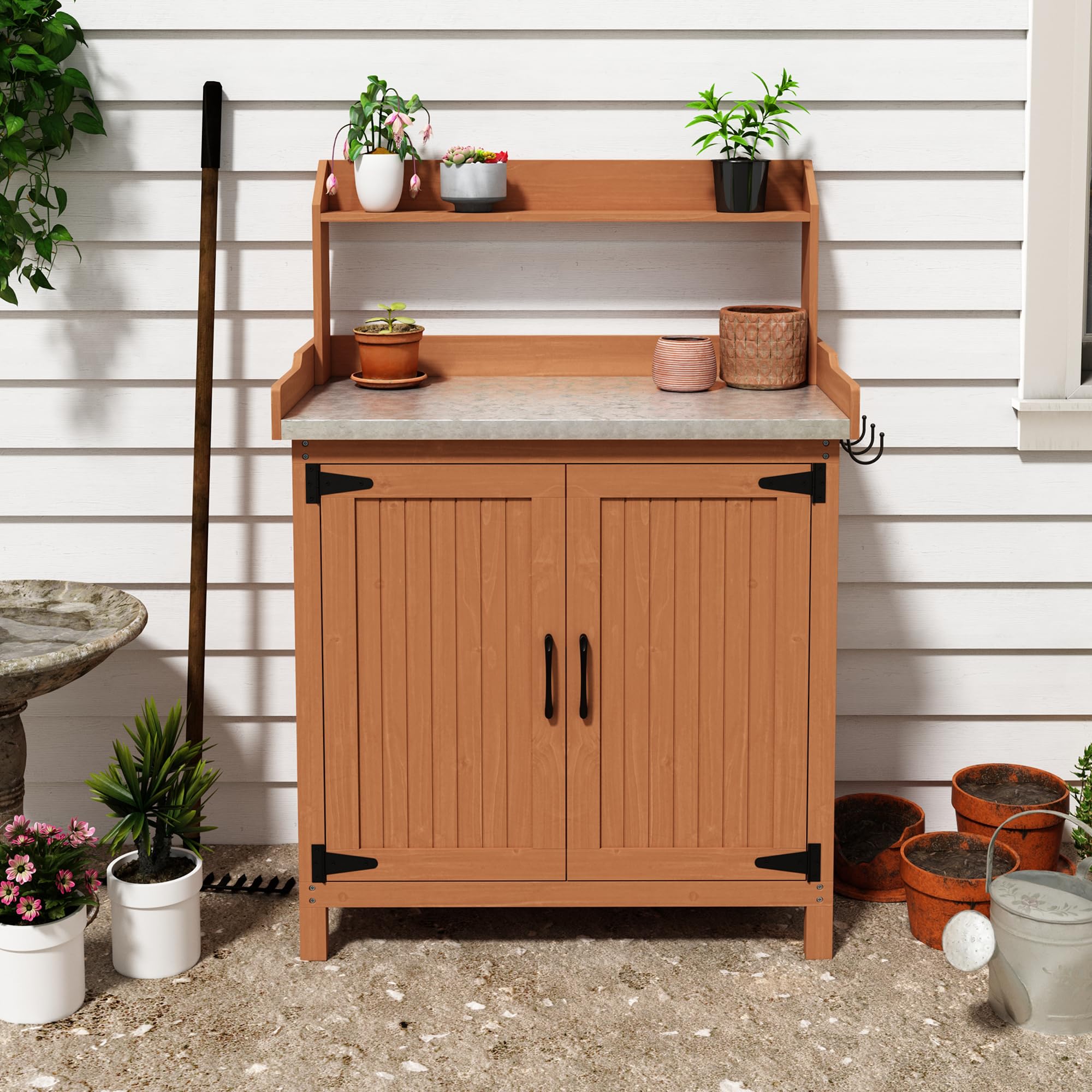 Outdoor Potting Bench with Storage - Wooden Garden Work Table with Metal Top & Removable Shelf - Heavy Duty Potting Station for Planting, Gardening, Patio & Backyard Use - Perfect for Repotting Plants, Organizing Tools & DIY Projects