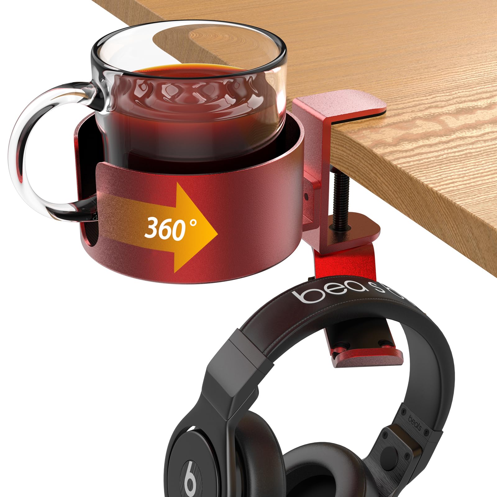 360° Rotating Under Desk Cup Holder & Headphone Hanger - Metal Clamp-on Organizer for Coffee Mugs, Water Bottles, Headsets & Pencils - Anti-Spill Gaming Desk Accessory (Red) - Perfect for Home Office, Gaming Setup & Workspace Organization
