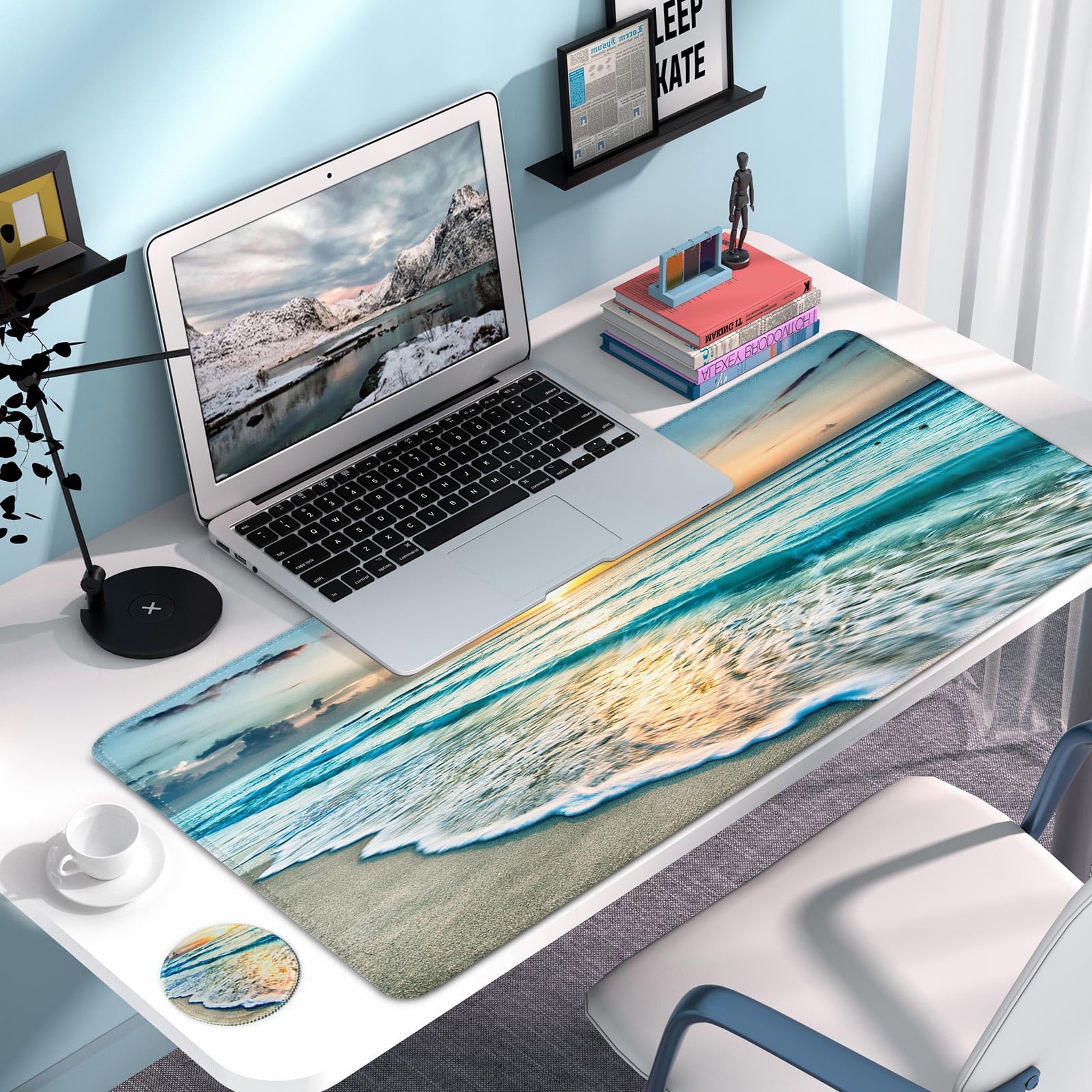 Extra Large Gaming Mouse Pad with Cup Holder - 31.5x15.6 Inch Non-Slip Desk Mat for Computer, Keyboard & Laptop - Stitched Edge Office Desk Protector (Beach Design) - Perfect for Gaming Setups & Home Office Workspaces