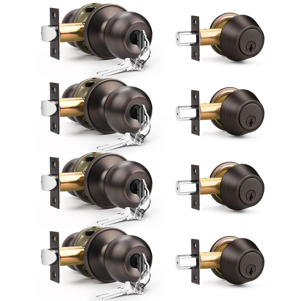 4 Pack Oil Rubbed Bronze Entry Door Locksets with Single Cylinder Deadbolt - Keyed Alike Front Door Knob & Deadbolt Set for Home Security & Exterior Doors