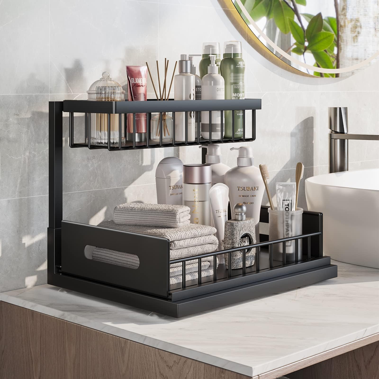 2-Tier Under Sink Organizer - Rustproof Stainless Steel Pull Out Shelf for Kitchen & Bathroom Storage | No Drilling Installation | Space Saving Cabinet Organizer for Cleaning Supplies, Sponges & Toiletries