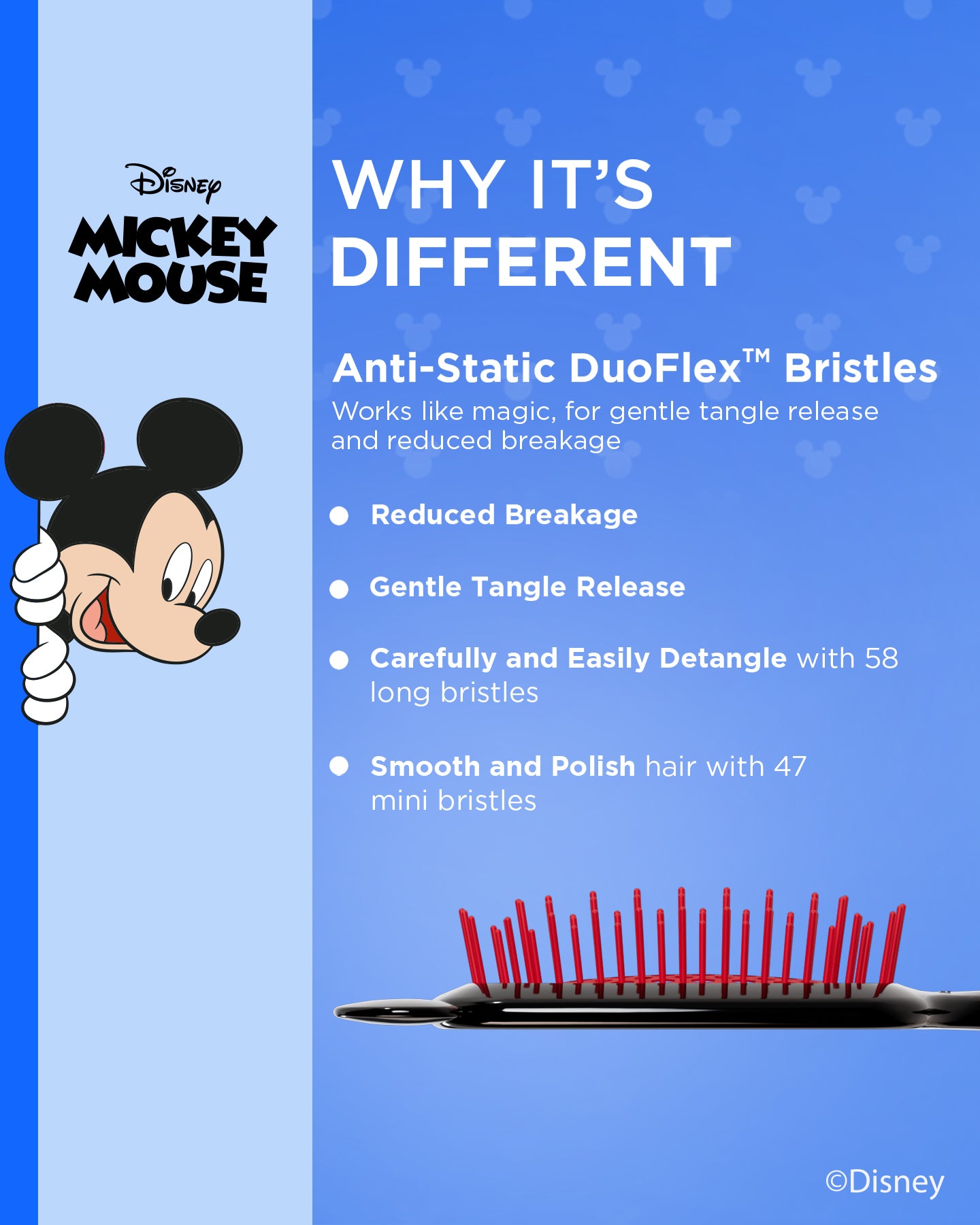 Disney Mickey Mouse Detangling Hair Brush for Kids & Adults - Gentle Knot-Free Styling for Wet & Dry Hair - Perfect for Home, Travel & Salon Use