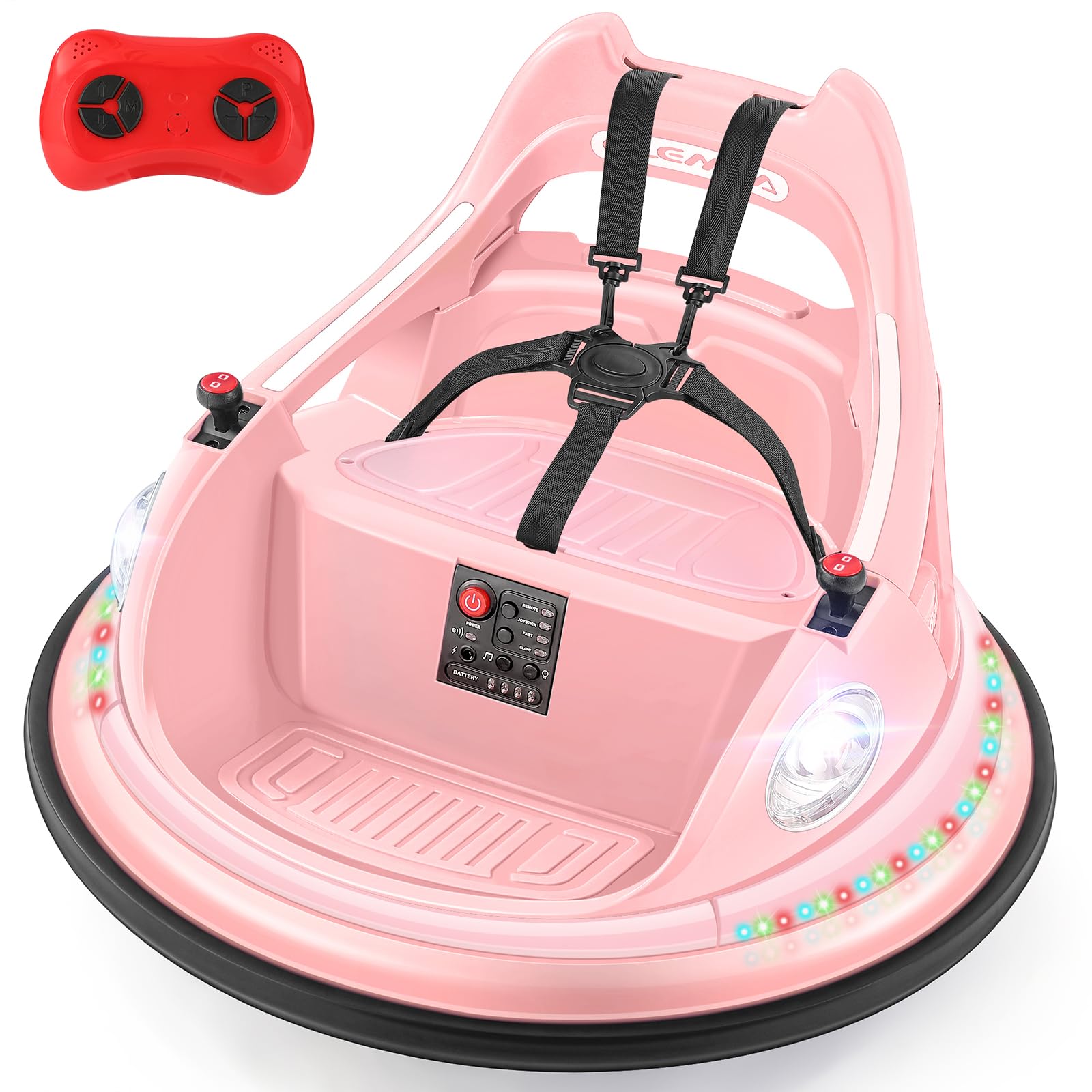 ELEMARA 12V Kids Bumper Car with Remote Control - 1.9mph Max Speed, 2-Speed Modes, 360° Spin & Bluetooth - Toddler Ride-On Toy with LED Lights & DIY Stickers (Pink) - Perfect for Indoor Playrooms, Birthday Gifts, and Family Fun Activities